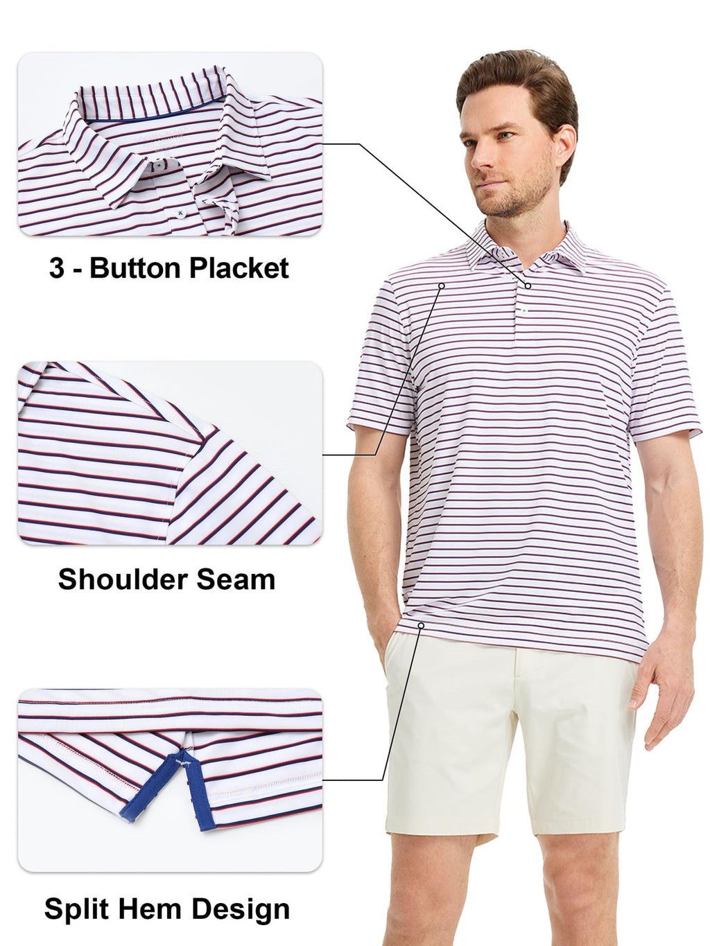 Rouen Mens Polo Shirts Short Sleeve Dry Fit Performance Moisture Wicking Causal Striped Polo Collared Golf Shirts for Men