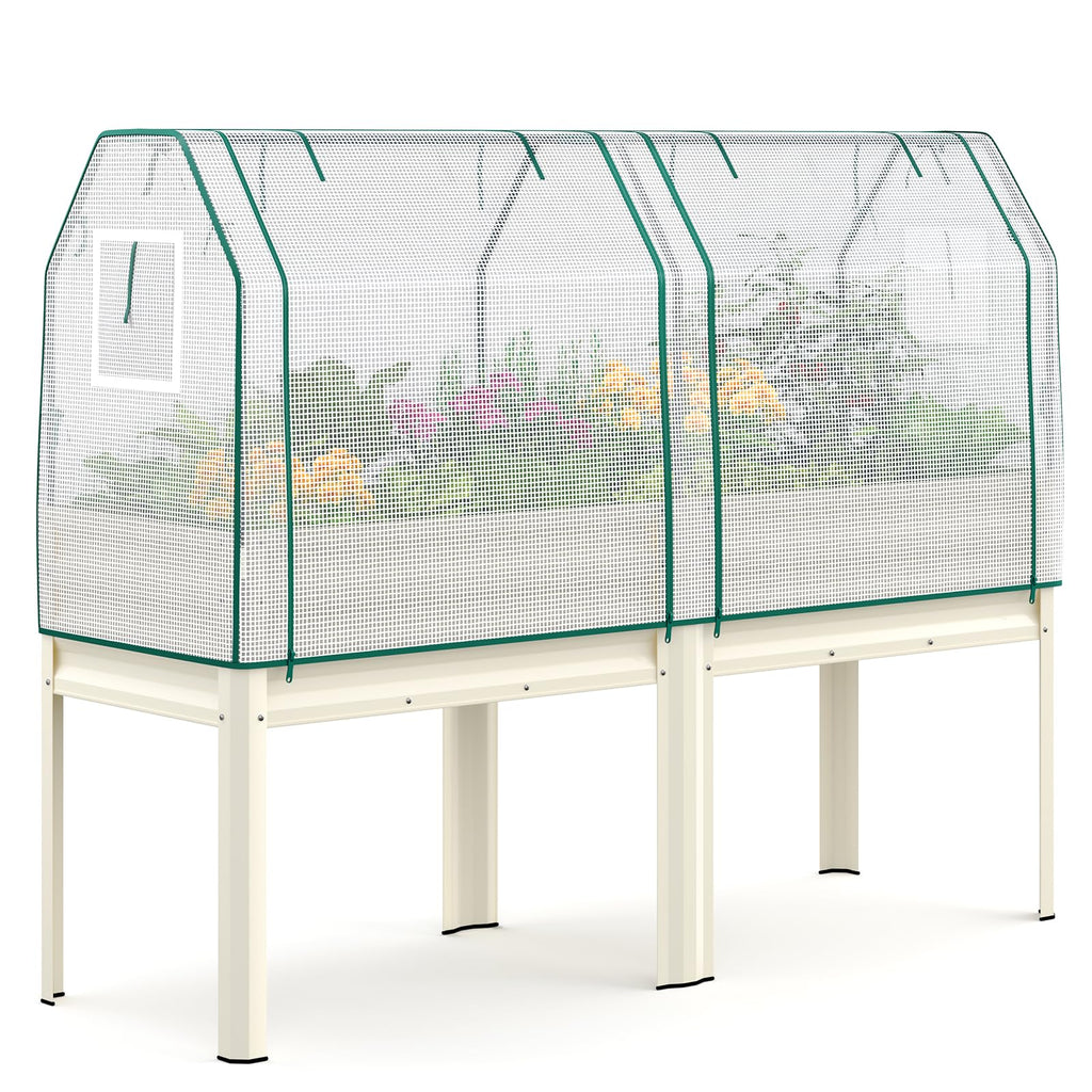 KING BIRD Large Raised Garden Bed with Netting Galvanized Elevated Planter Box with Legs 72×23×55 in for Backyard, Patio, Balcony, 700lb Capacity, Beige