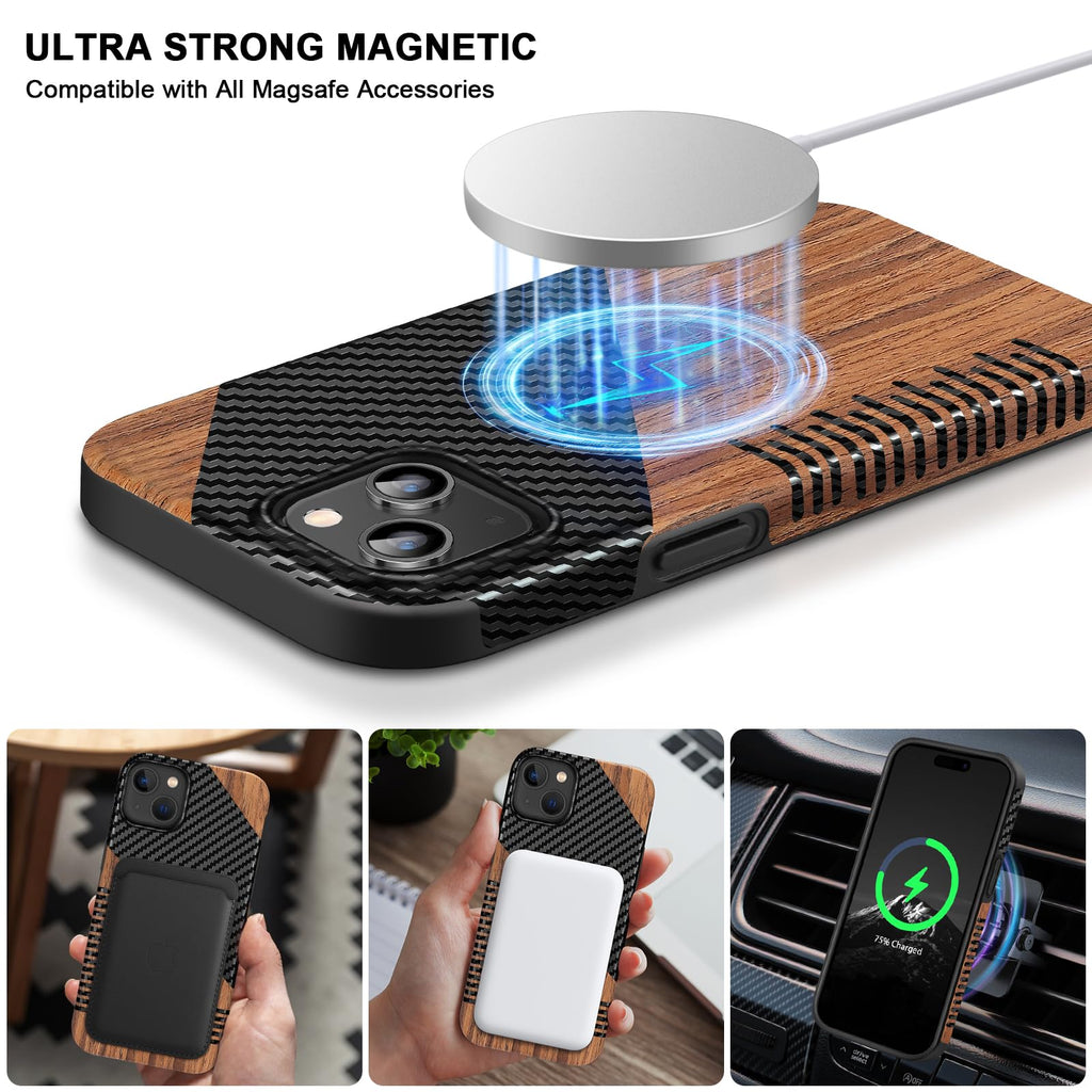 TENDLIN Compatible with iPhone 15 Case Wood Grain with Carbon Fiber Texture Design Leather Hybrid Slim Case (Black)