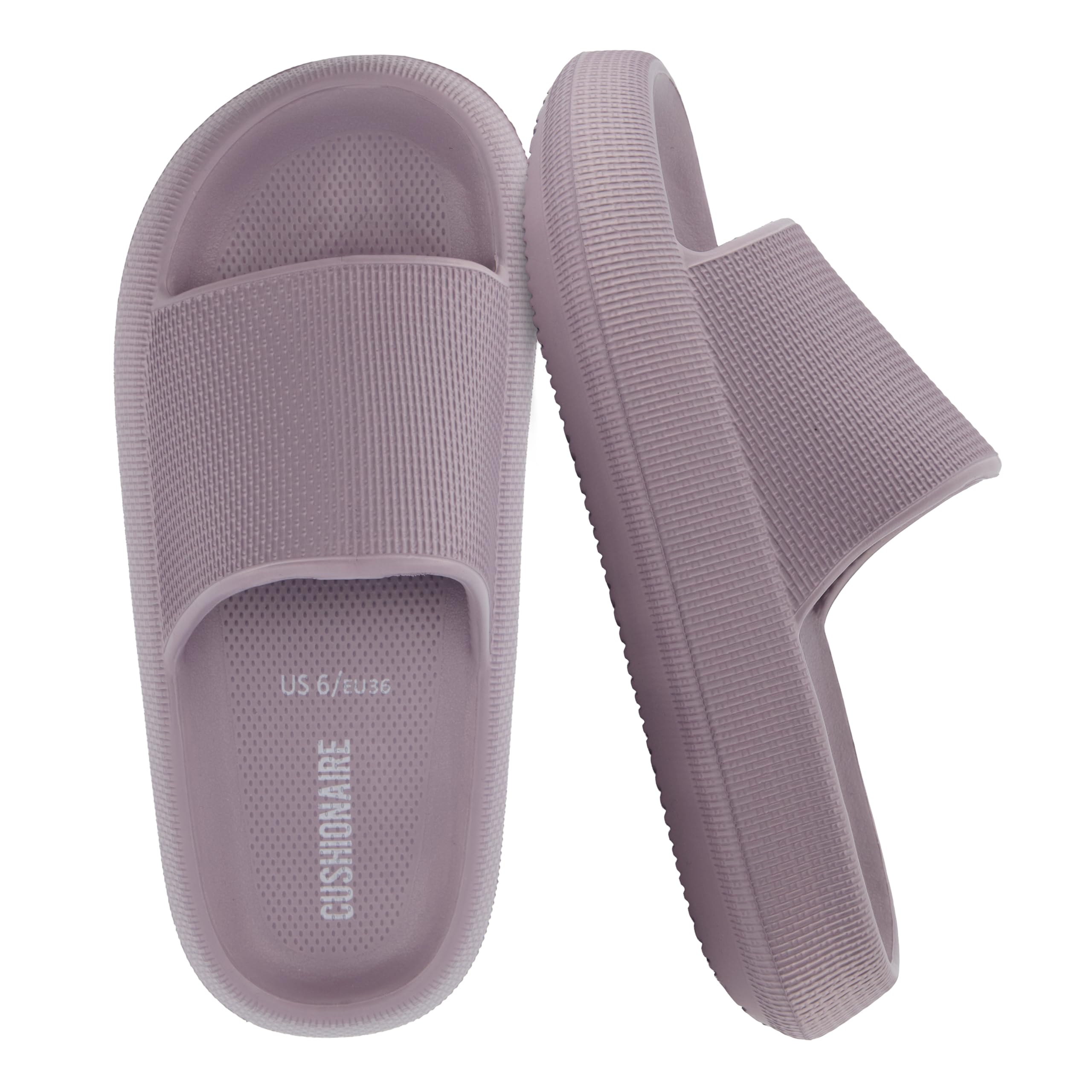 CUSHIONAIRE Feather EVA Slides for Women – Comfortable Slip On Womens Slippers, Indoor Outdoor Shower Shoes, Beach Essential Cloud Slides