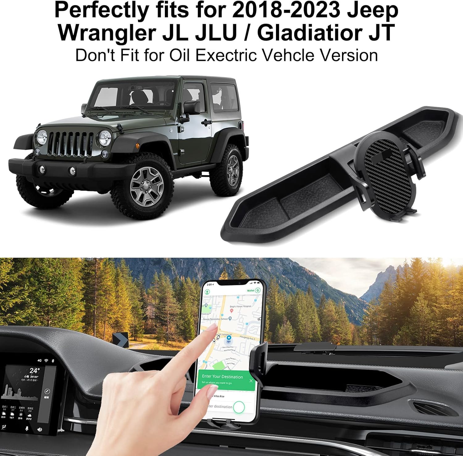 Upgraded Phone Mount for 2018 2019 2020 2021 2022 2023 Jeep Wrangler JL JLU & Gladiator JT, Multi-Mount Phone Holder Dash Tray System Kit with Extension Arm Metal Rod Don't for Oil-Electric 4xe