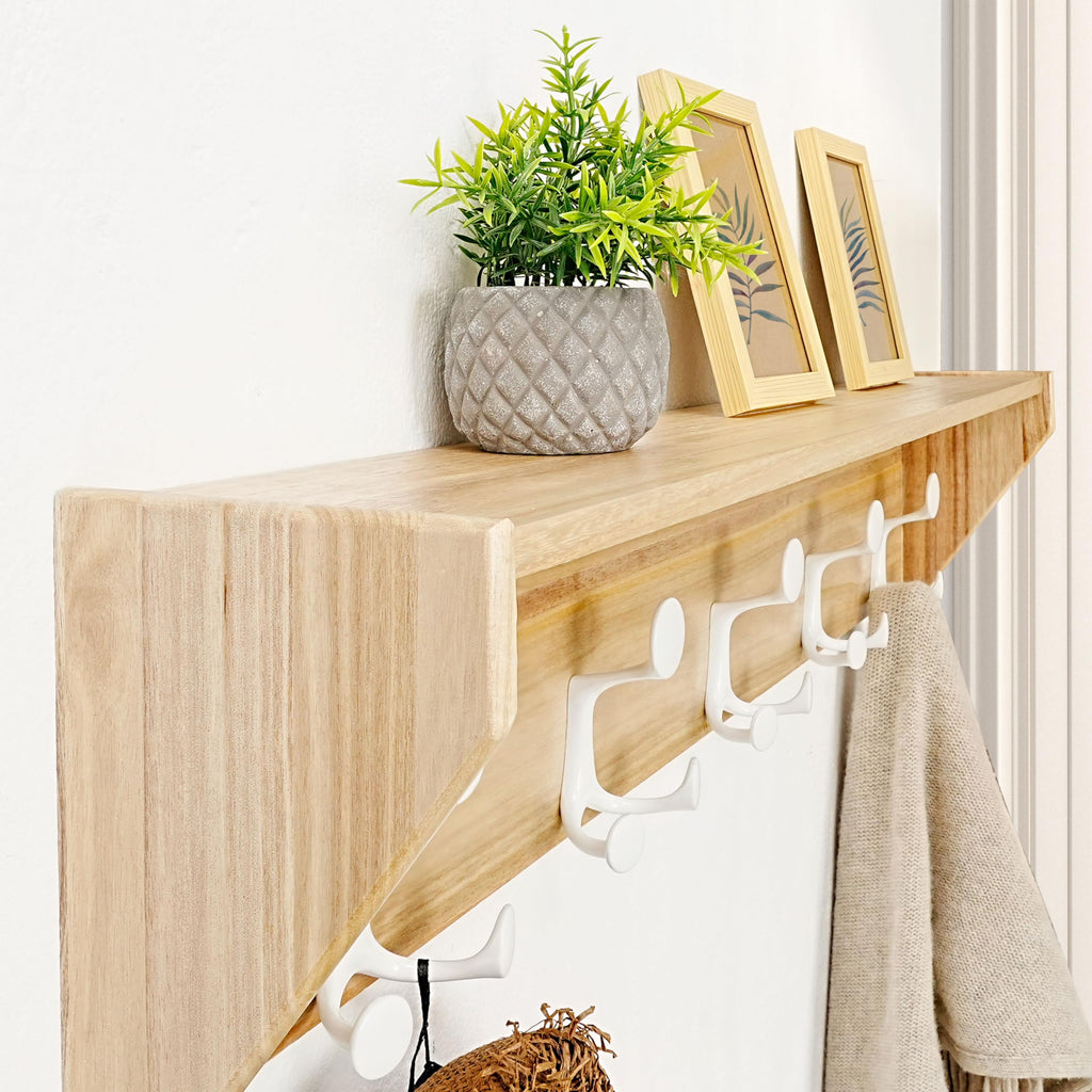 SKOLOO Wall Shelf with Hooks, 24-Inch Cherry Coat Rack Wall Mount with Shelf Organizer - Heavy Duty, 4 Tri Hooks - Perfect for Entryway, Hallway, Living Room, Bedroom, Mudroom
