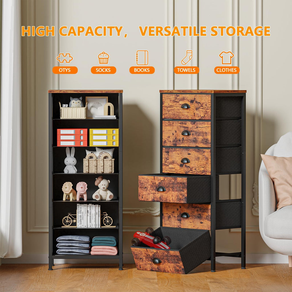 Furnulem Tall Dresser with 6 Drawers,Vertical Bedside End Table & Chest for Bedroom,Black Storage Tower Dorm Nightstand with Fabric Drawer Organizer Unit Furniture in Living Room,Closet,Hallyway