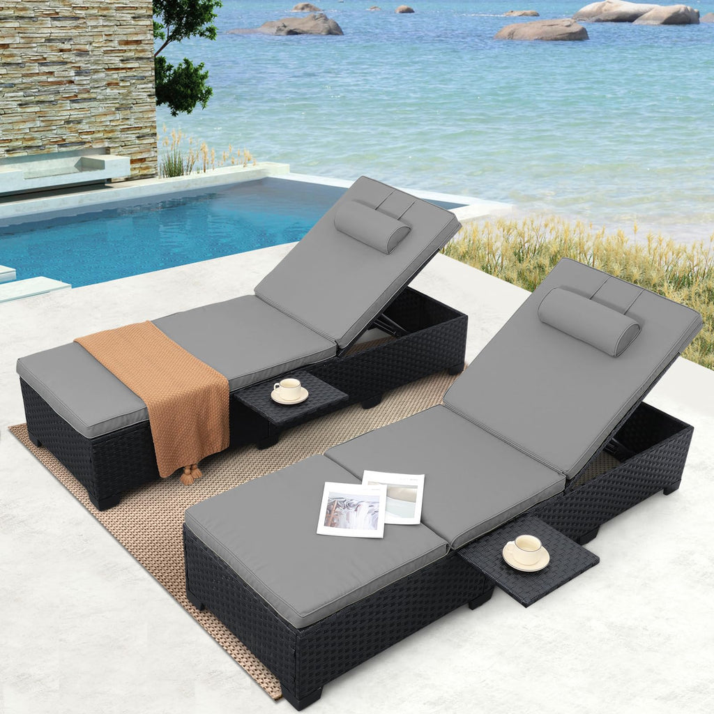WAROOM Outdoor Chaise Lounge Chairs for Outside Patio Furniture Set of 2 Wicker Recliner Black Rattan Sunbathing Lounger Adjustable Backrest Pool Reclining Chair, Navy Blue Cushion