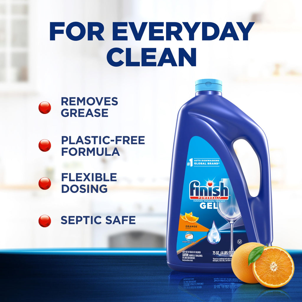 Finish Gel Liquid Dishwasher Detergent, Advanced Deep Cleaning Power Dish Soap, Fights Tough Stains, Dishwasher Soap, Plastic-Free & Septic Safe Dish Detergent, Lemon Scent, 75oz