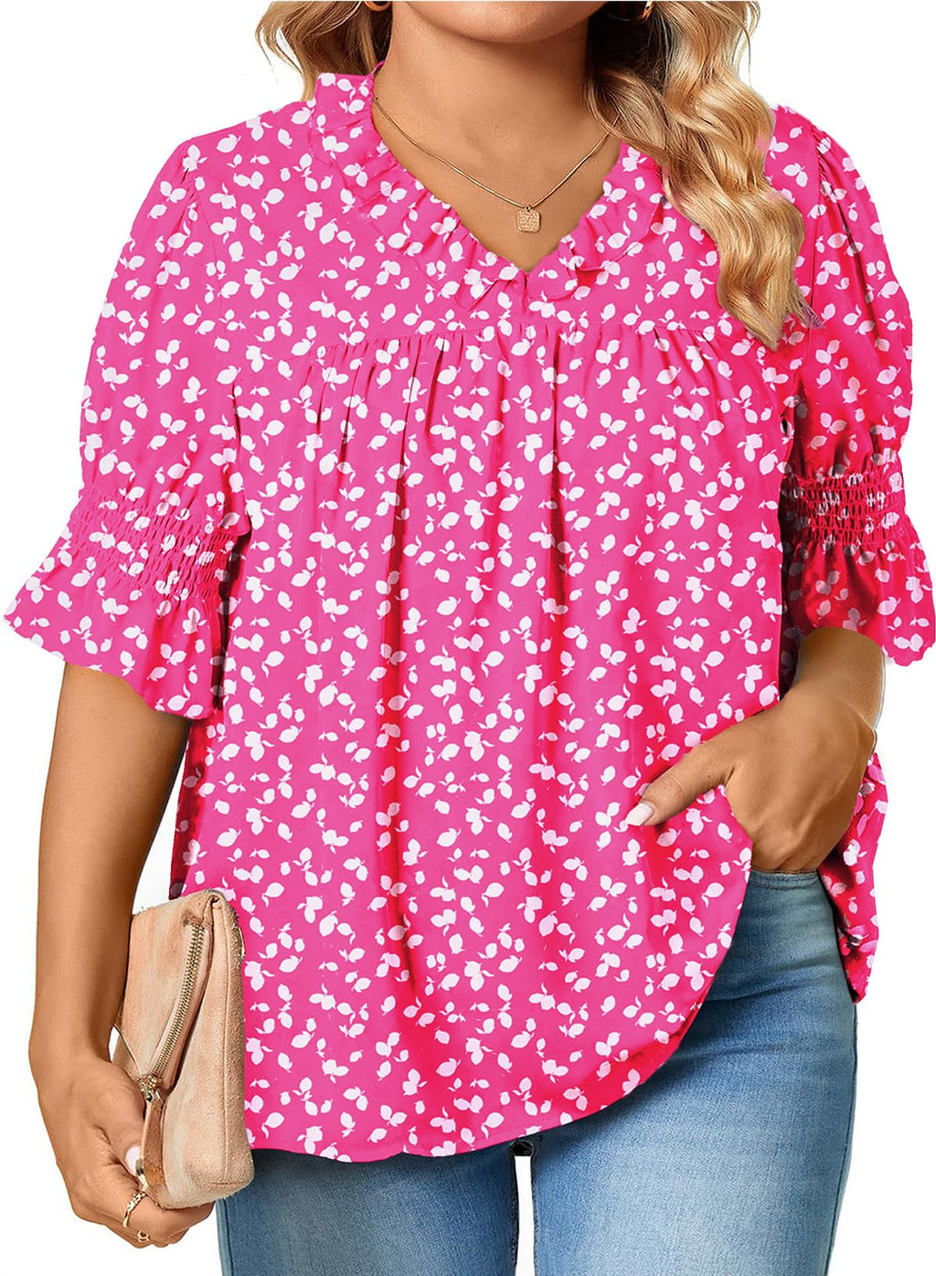 Eytino Plus Size Tops for Women Summer V Neck Short Sleeve Boho Floral Printed Flowy Chiffon Shirts Blouse(1X-5X)