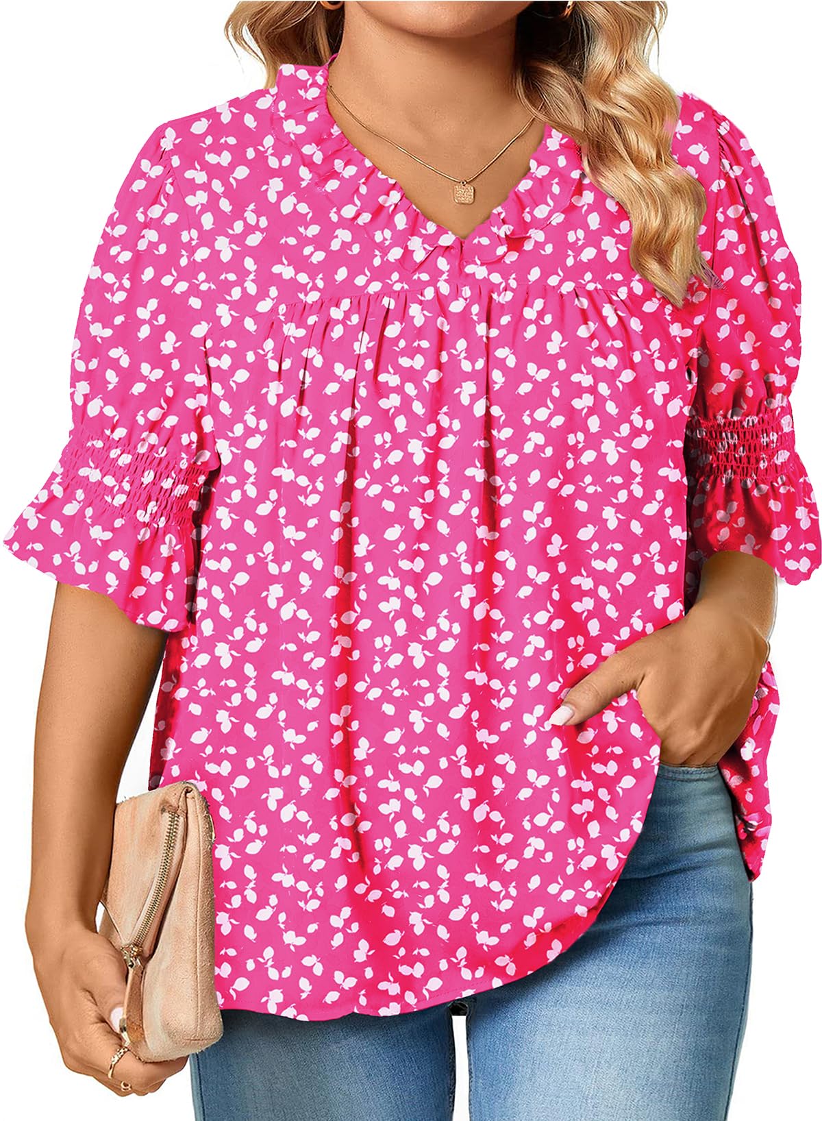 Eytino Plus Size Tops for Women Summer V Neck Short Sleeve Boho Floral Printed Flowy Chiffon Shirts Blouse(1X-5X)