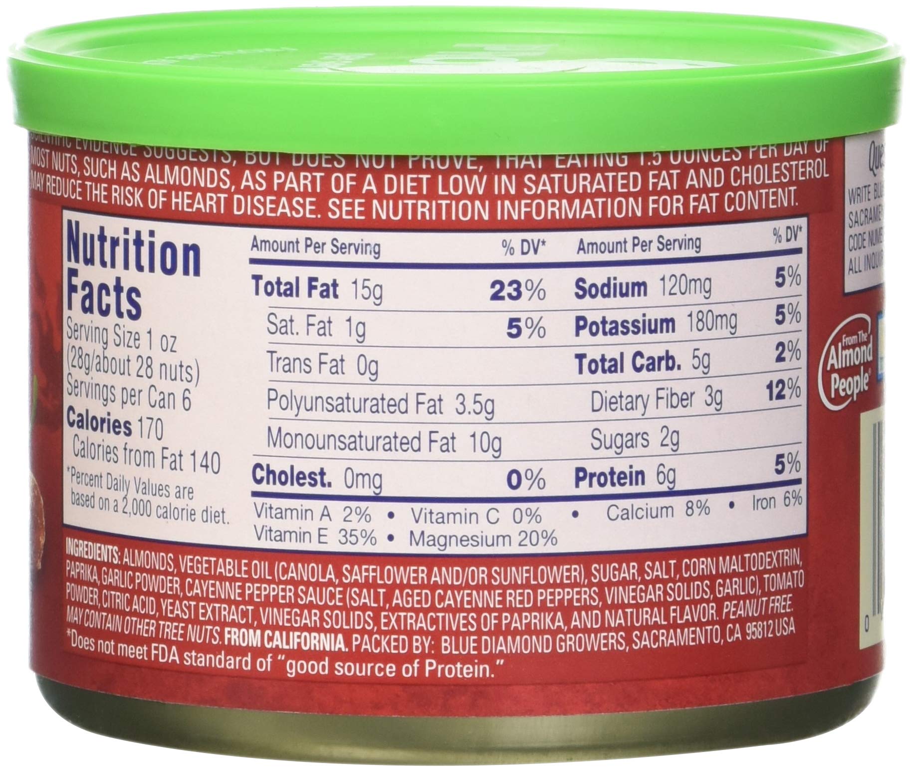 Blue Diamond Almonds Sriracha Flavored Snack Nuts, 6 Oz Resealable Can (Pack of 1)