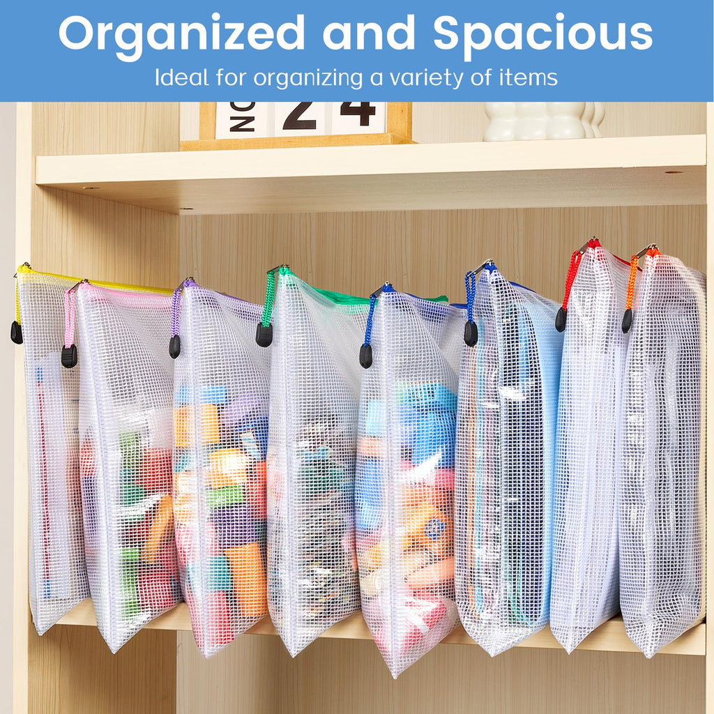 Sooez 24 Pack Mesh Zipper Pouch with Sticky Labels, A4 Mesh Bags, Sturdy Letter Size File Folders Organizer, Office School Classroom Supplies, Toy Storage Bag Board Game Puzzles Organization, Black