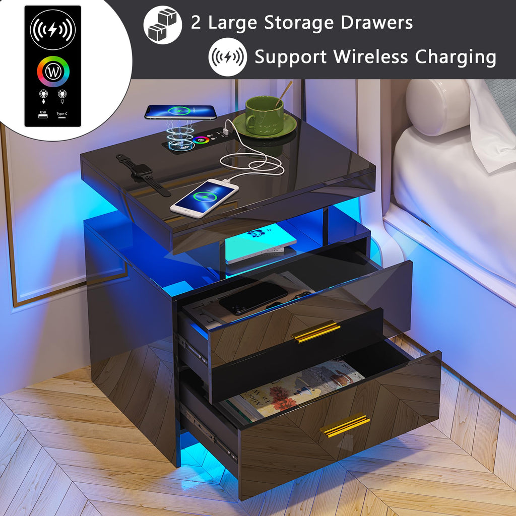 HNEBC LED Nightstand with Charging Station,Smart Bedside Table with Motion Sensor Lights,3 Drawers,Tempered Glass Top,High Gloss End Table with 3 Color Lights for Bedroom, Living Room,Office-Black