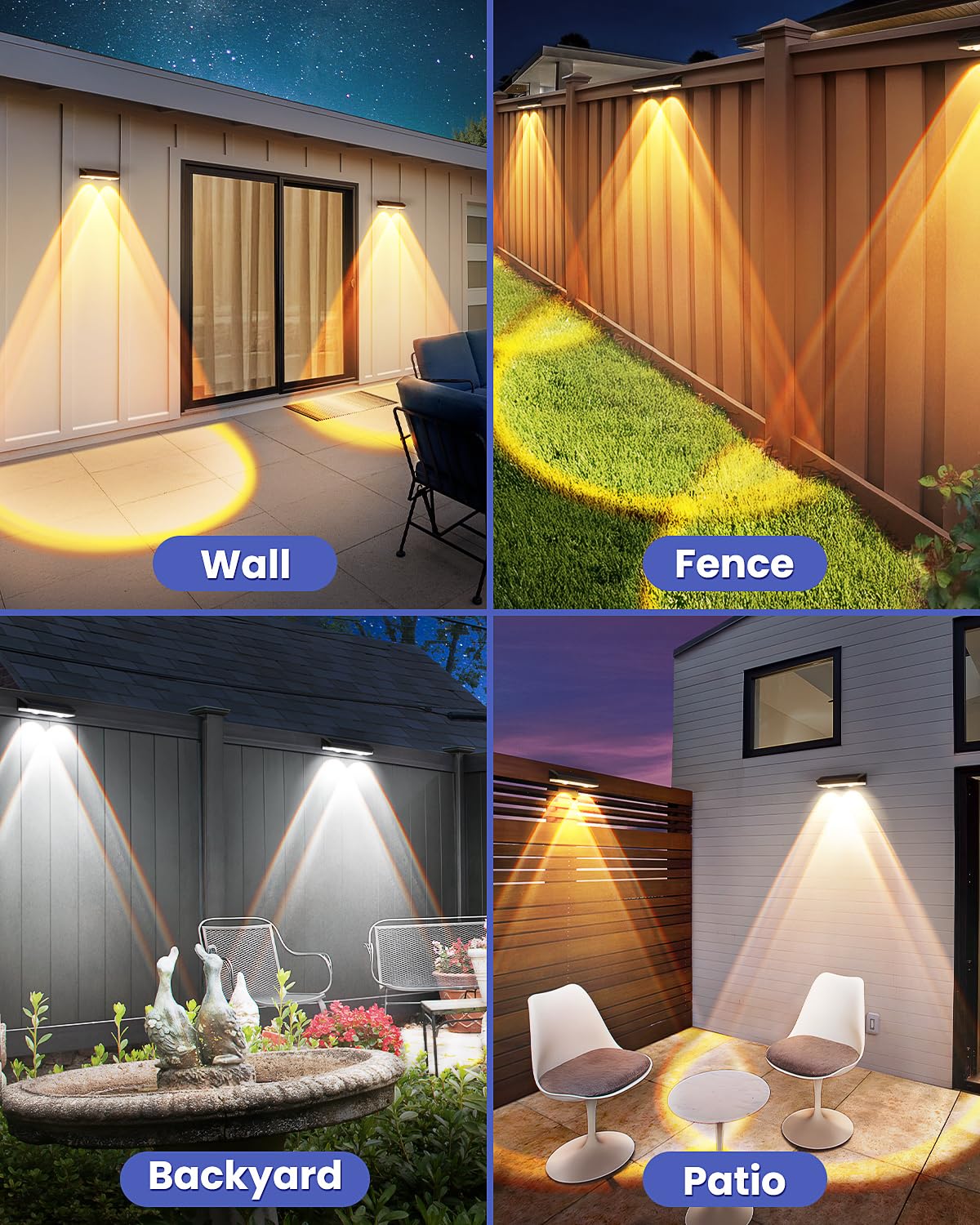 Solar Fence Lights Outdoor, 2 Pack Warm/Neutual/Cool White Fence Solar Lights with 2 LED, IP65 Waterproof, Backyard Patio Decor for Deck, Wall, Railing, Pool, Stair