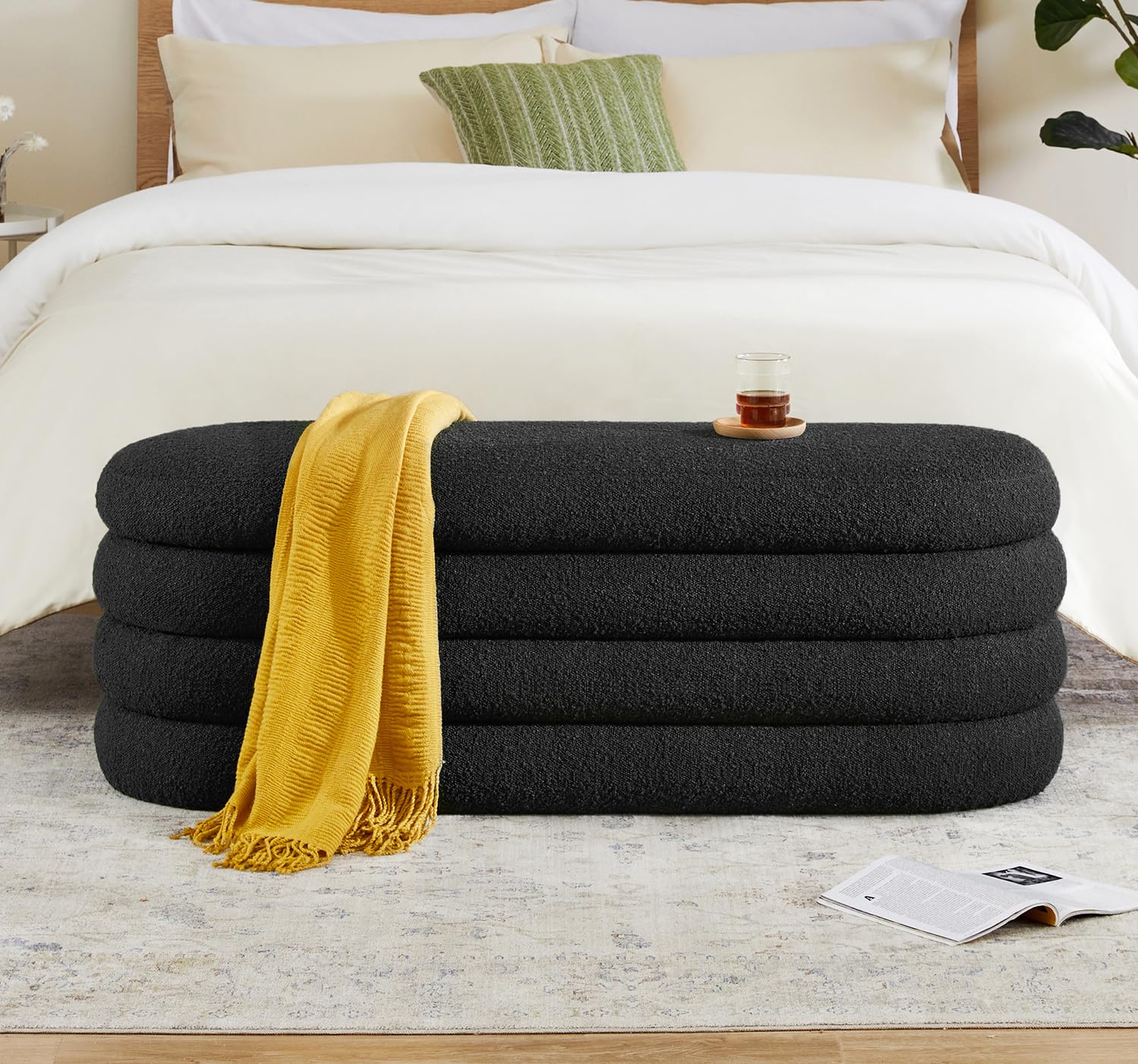 Busaurus Storage Ottoman Bench 49.2 Inch Upholstered Fabric Storage Bench for Bedroom End of Bed Aesthetic Large Oval Ottoman for Living Room Entryway (Black)