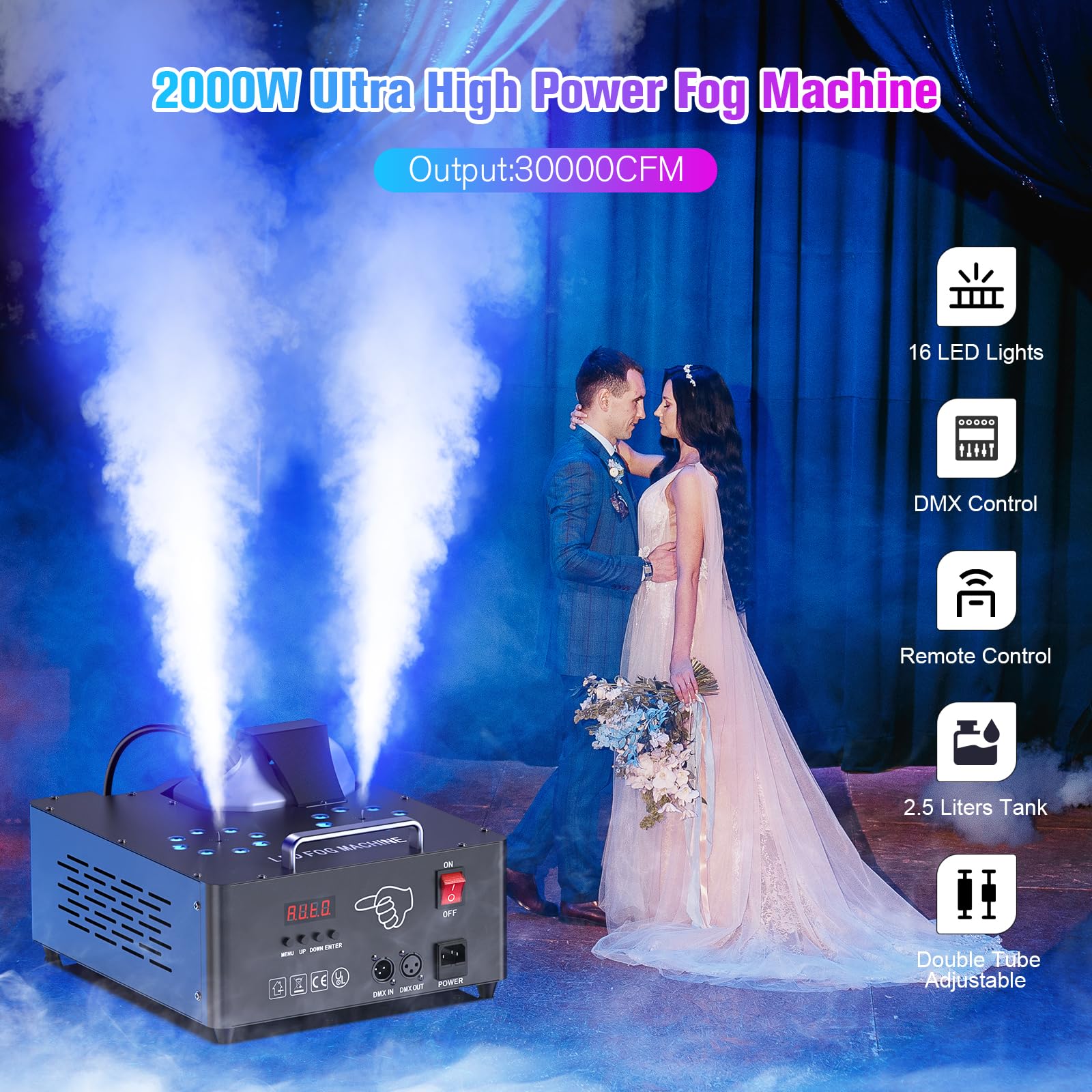 2000W Professional Fog Machine Dual Nozzle with 16 RGB LED, DMX Control Adjustable Smoke Direction, 2.5L Tank LCD Display 30000CFM for Halloween Christmas Stage DJ Party Club Events
