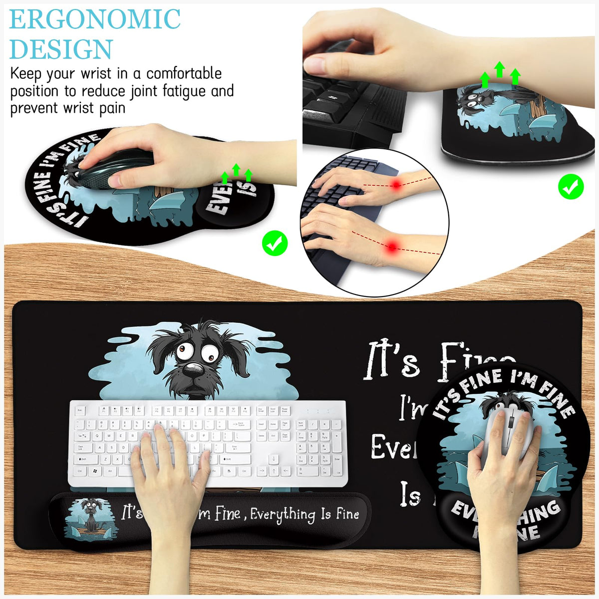 Black Striped Ergonomic Large Desk Mat Set with Wrist Rest