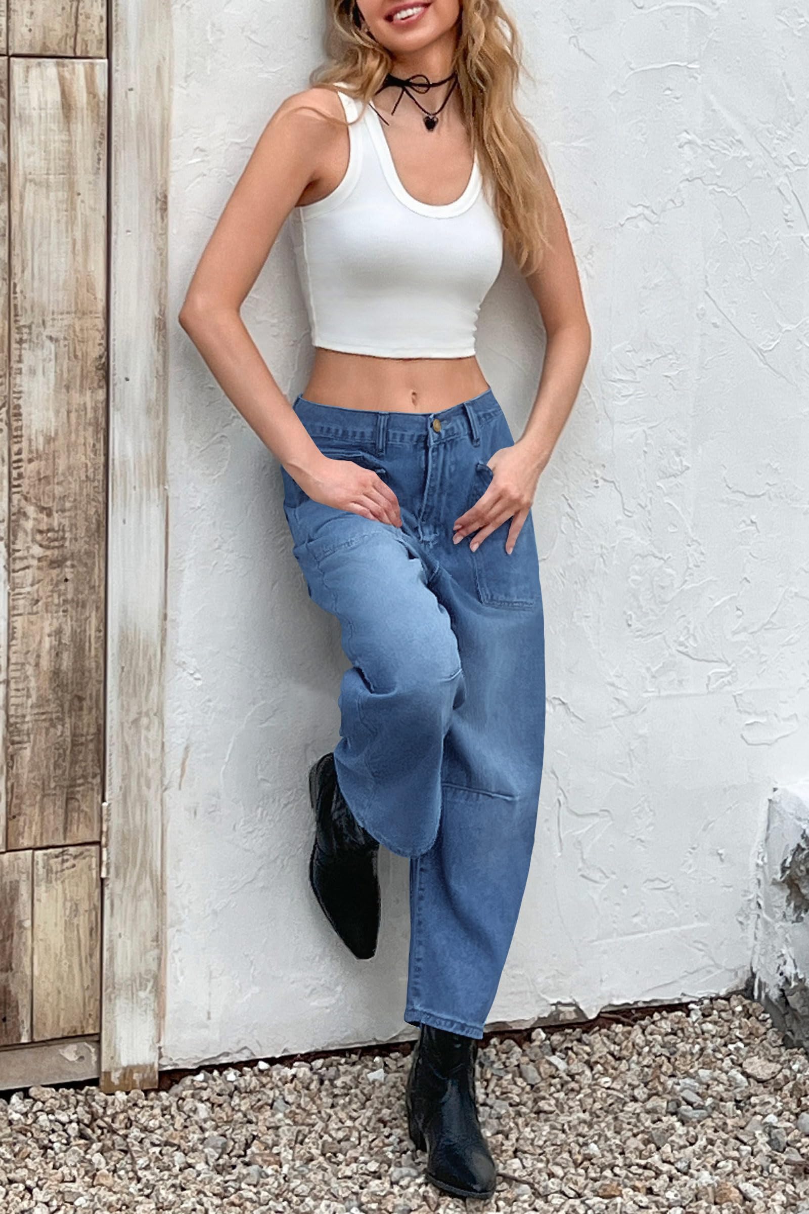 PLNOTME Womens Barrel Jeans High Waisted Baggy Boyfriend Wide Leg Denim Pants with Pockets