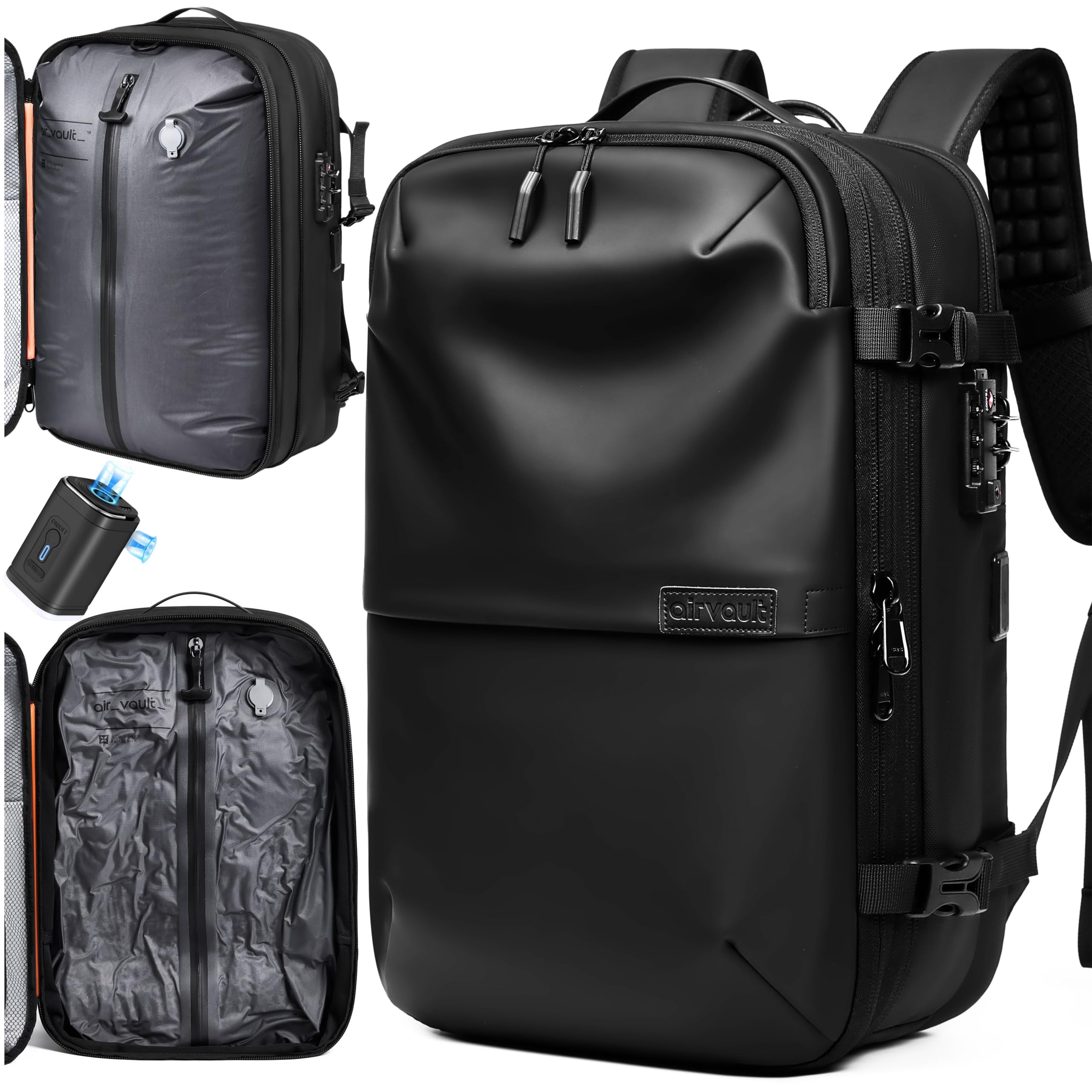 AirVault Vacuum Seal Travel Backpack 60L with Expandable HyperSeal Air Compression Vacuum System Water Resistant TSA Lock (Vacuum Pump Included, Black, 60L)