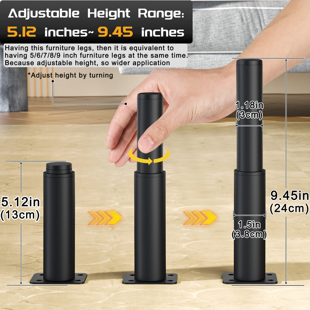 Metal Adjustable Furniture Legs 5.12-9.45 inch, Wlrrcwdttc Sofa Legs Cabinet Legs Adjustable Height Replacement Support Legs for Bed/Couch/Dresser/Chair/Coffee Table, Legs for Furniture Set of 2-Black