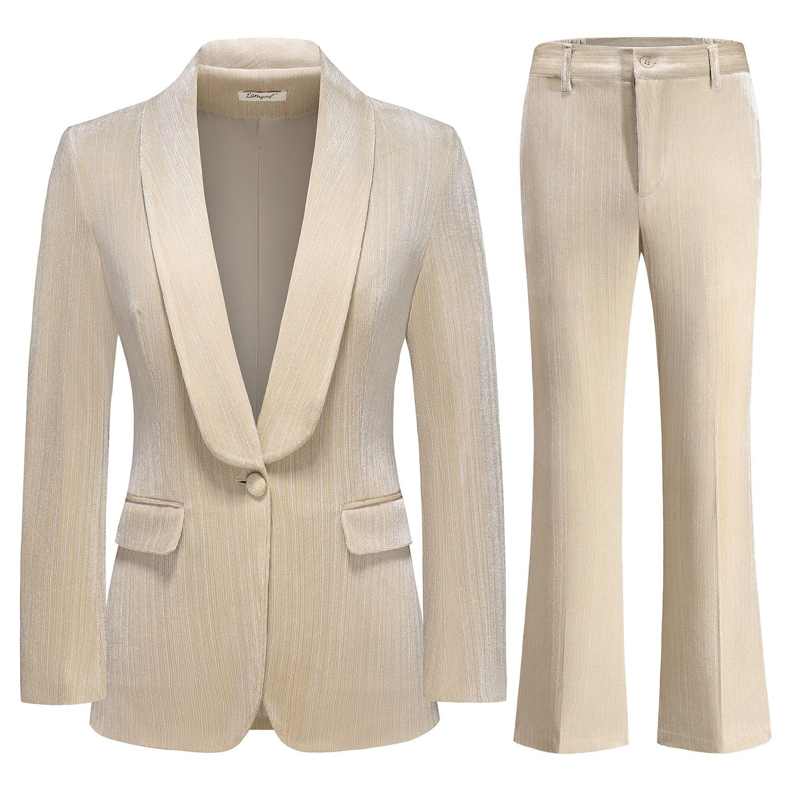 Lamgool Women Pantsuit Dressy Silver Thread Velvet 2 Piece Suit Set Blazer and Flared Pants