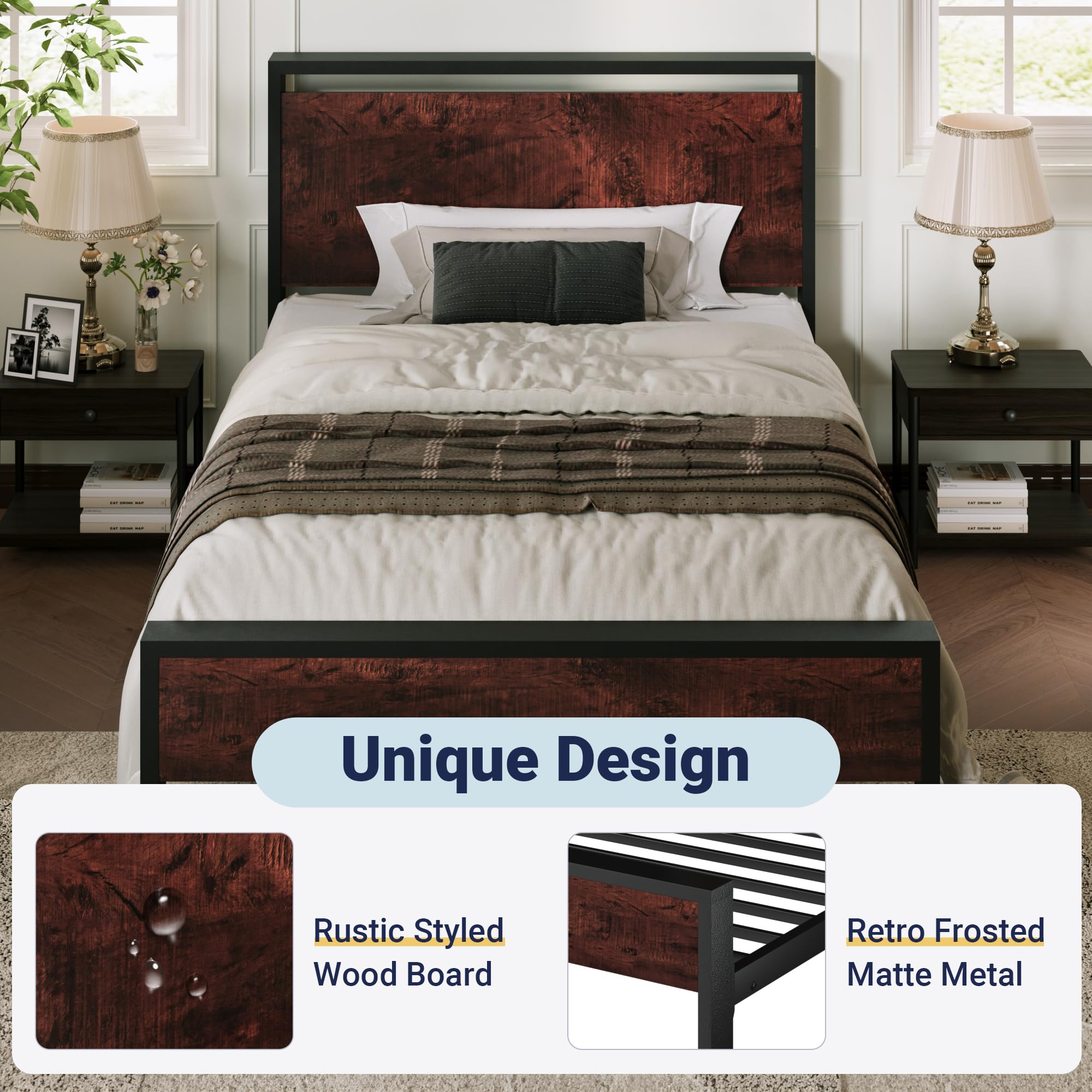 Allewie Twin Size Platform Bed Frame with Wooden Headboard and Footboard, Heavy Duty Metal Slats Support, No Box Spring Needed, Under-Bed Storage, Noise Free, Easy Assembly, Black Oak