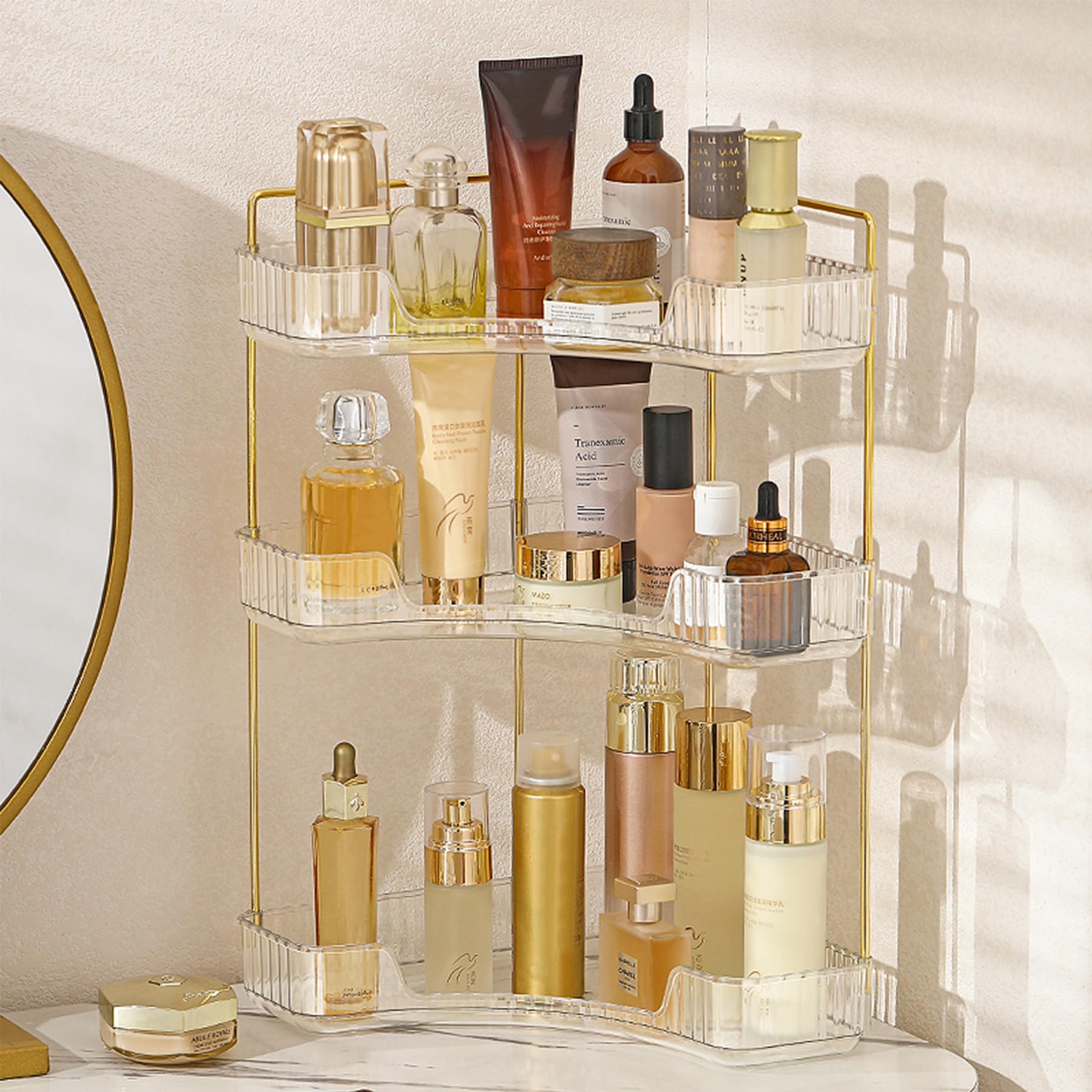 Aveniee Corner Bathroom Counter Organizer, Bathroom Countertop Shelf Makeup Organizer for Vanity Perfume Tray for Corner Storage (2 Tiers, Gold)