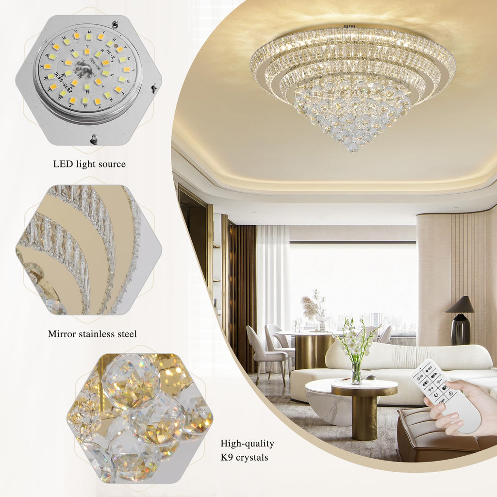 COCOSTAR 20" Gold Crystal Chandeliers, Flush Mount Chandelier LED Ceiling Light, Modern Crystal Raindrop Chandeliers for Dining Room, Living Room, Bedroom