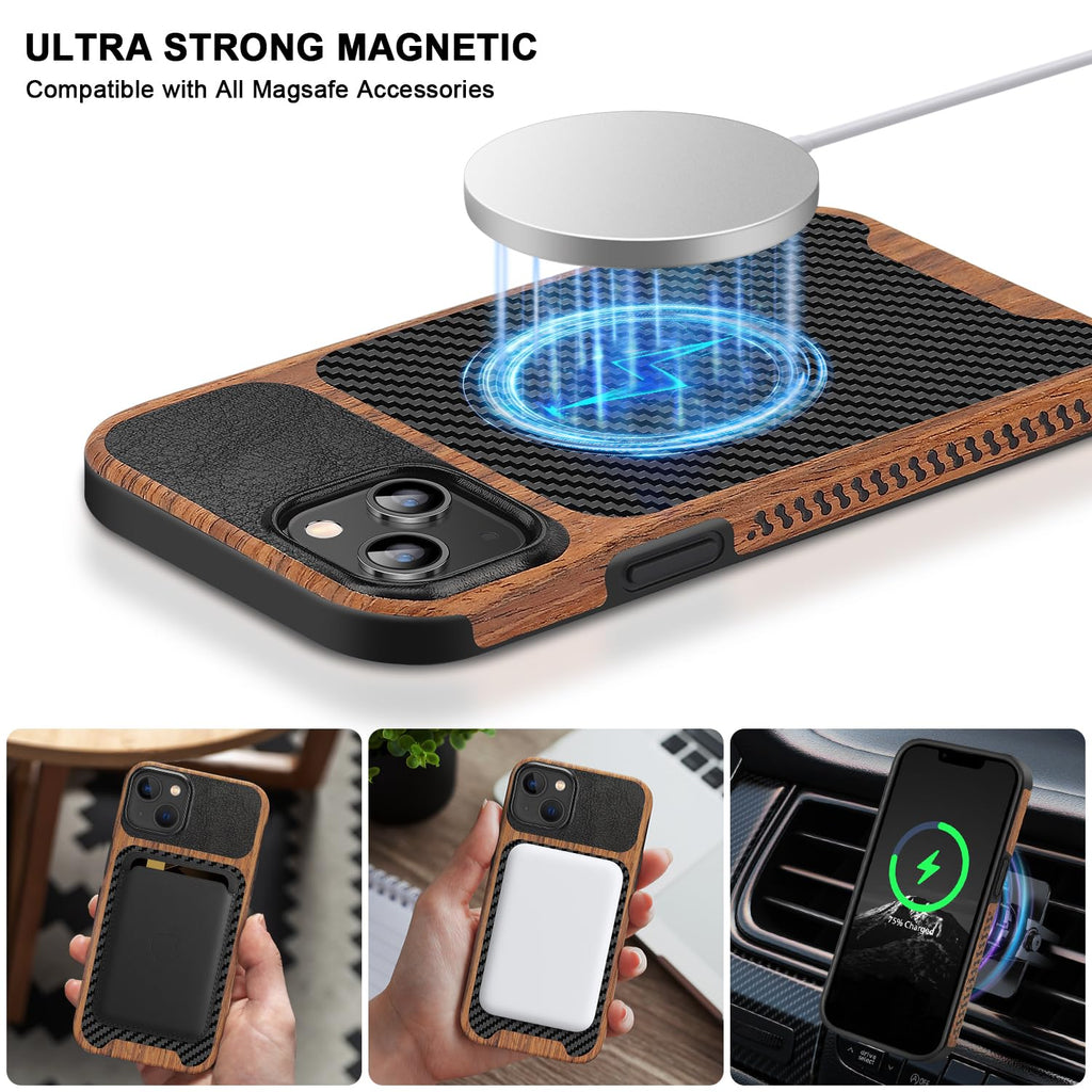 TENDLIN Compatible with iPhone 15 Case Wood Grain with Carbon Fiber Texture Design Leather Hybrid Slim Case (Black)