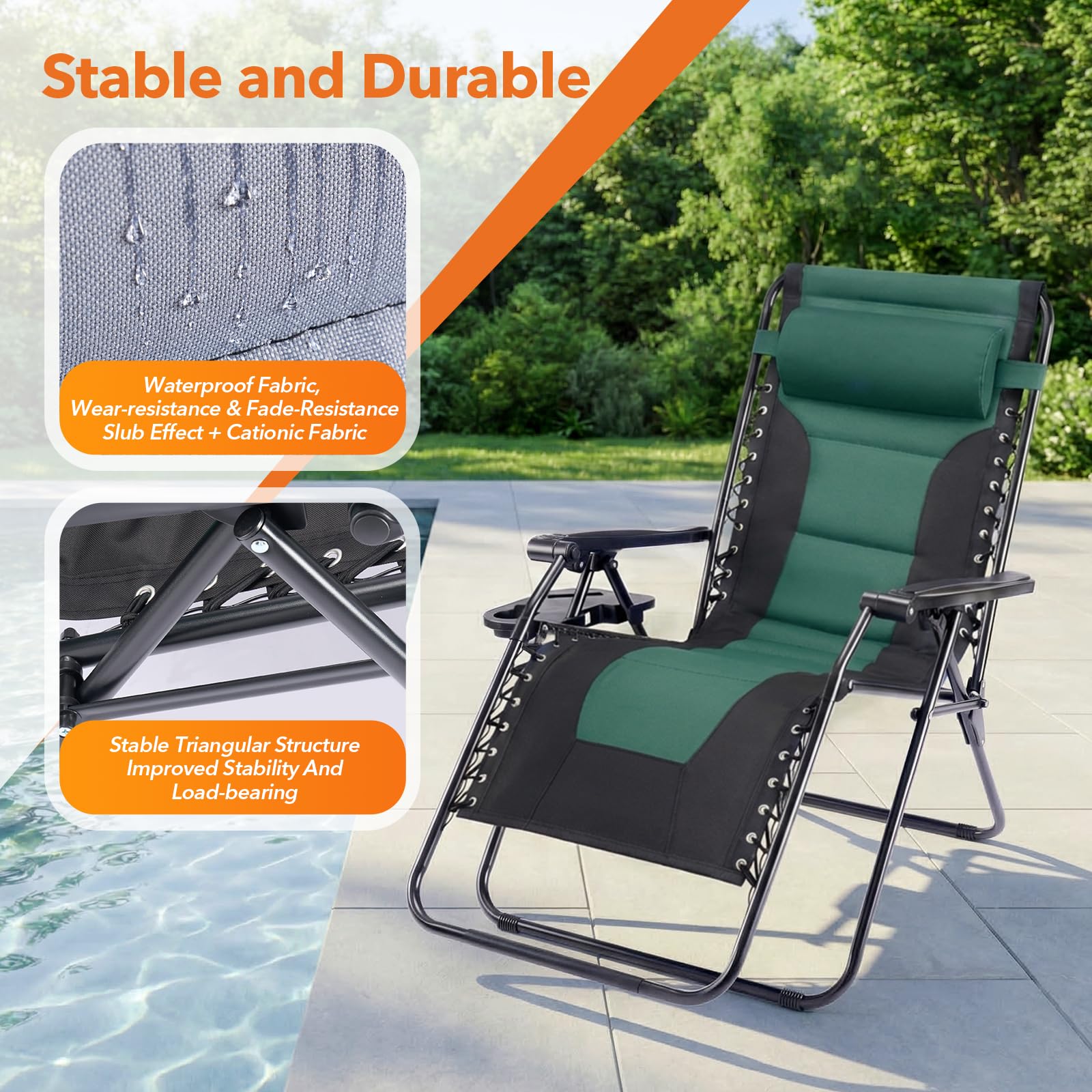 Sweetcrispy Zero Gravity Chairs, Set of 4 Portable Recliner Beach Camping Patio Outdoor Folding Lounge Chair with Cup Holder Trays and Adjustable Pillow for Poolside, Garden, Backyard, Lawn, Black