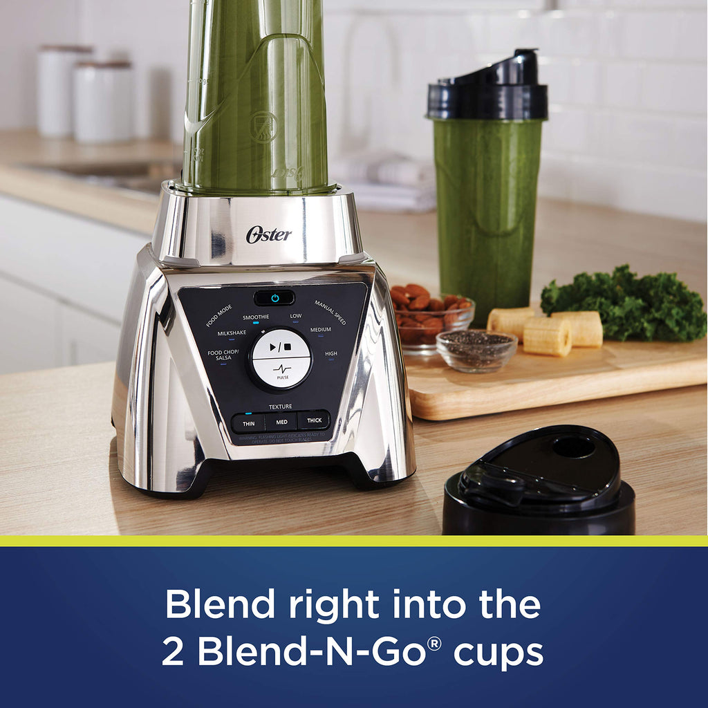 Oster Blender and Food Processor Combo with 3 Settings for Smoothies, Shakes, and Food Chopping, Includes 2 24-Ounce Cups and Lids, Carbon Grey