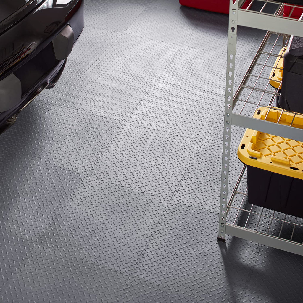 VersaTex Garage Floor 18 x 18 inch Square Rubber Diamond Plate Interlocking Floor Tiles for Home Gym, Garage Flooring, Trade Show Flooring, Basement Tiles, 24 Pack (Black)