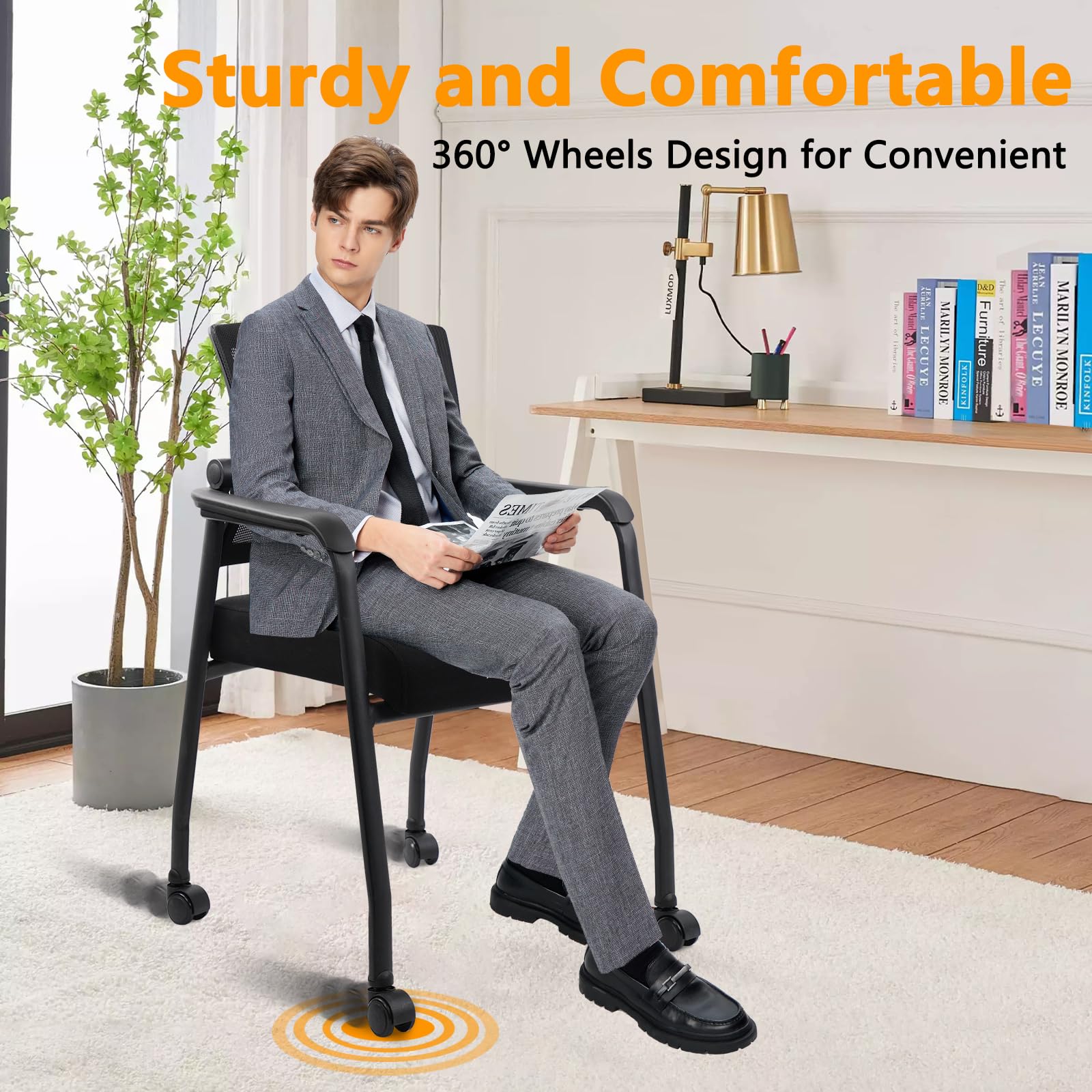 KLASIKA Desk Chair No Wheels with Adjustable Mesh Backrest, Arm Chair with Ergonomic Lumbar Support and Thickened Seats Cushion, Waiting Room Chairs for Office School Church Guest Reception
