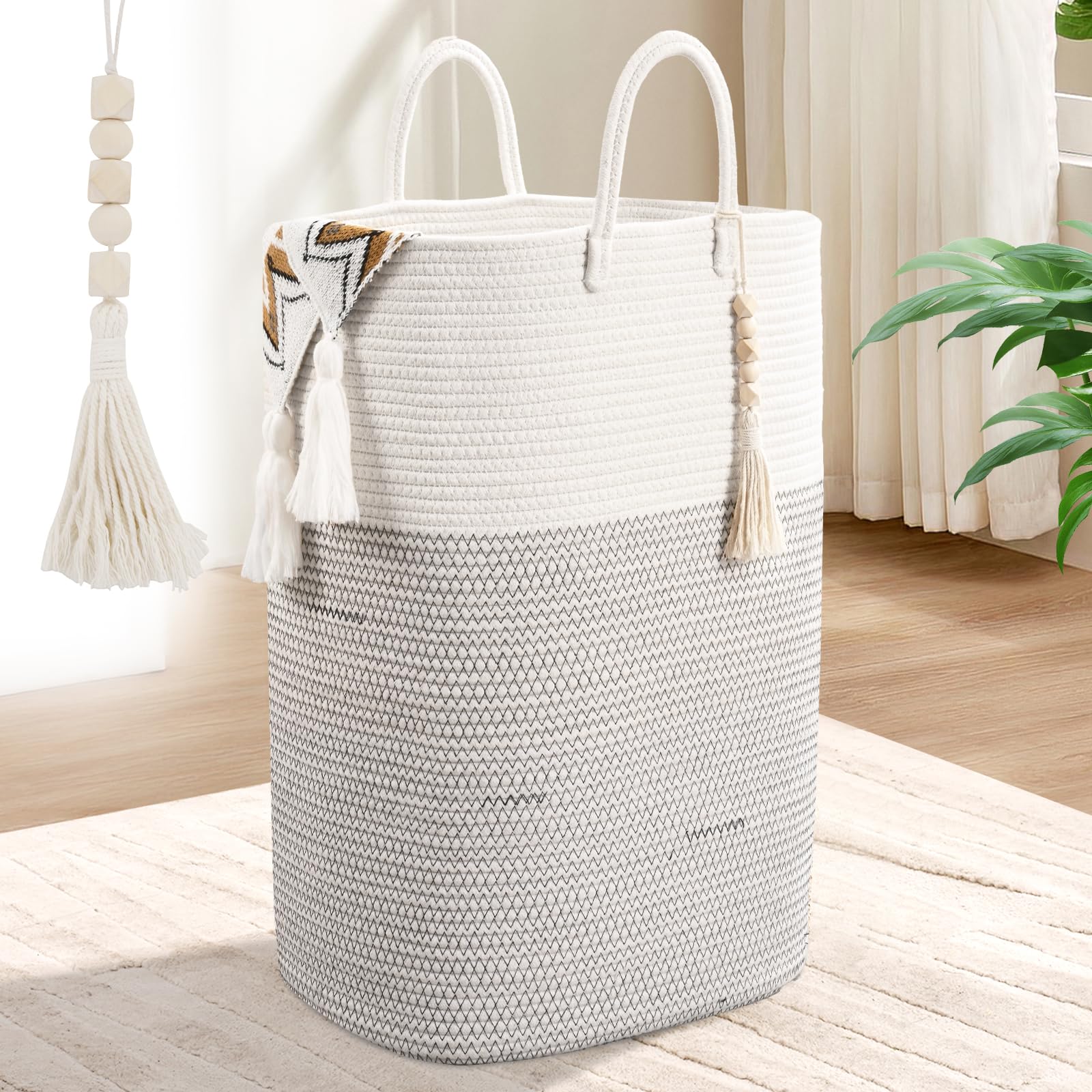 Woven Laundry Basket for Clothes, 50L Large Rectangle Laundry Hampers with Beads Tassel, Nursery Storage Basket for Toys, Tall Dirty Clothes Hamper for Bedroom Aesthetic, Laundry Room Organization