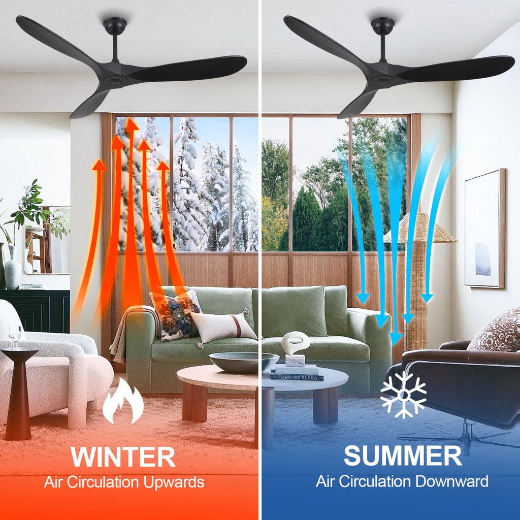 ABZ Ceiling Fans without Lights - 52 Inch Modern Ceiling Fans no Lights with Remote Control, Black 3 Blade Solid Wood Indoor Outdoor Ceiling Fans for Patios Living Room Bedroom
