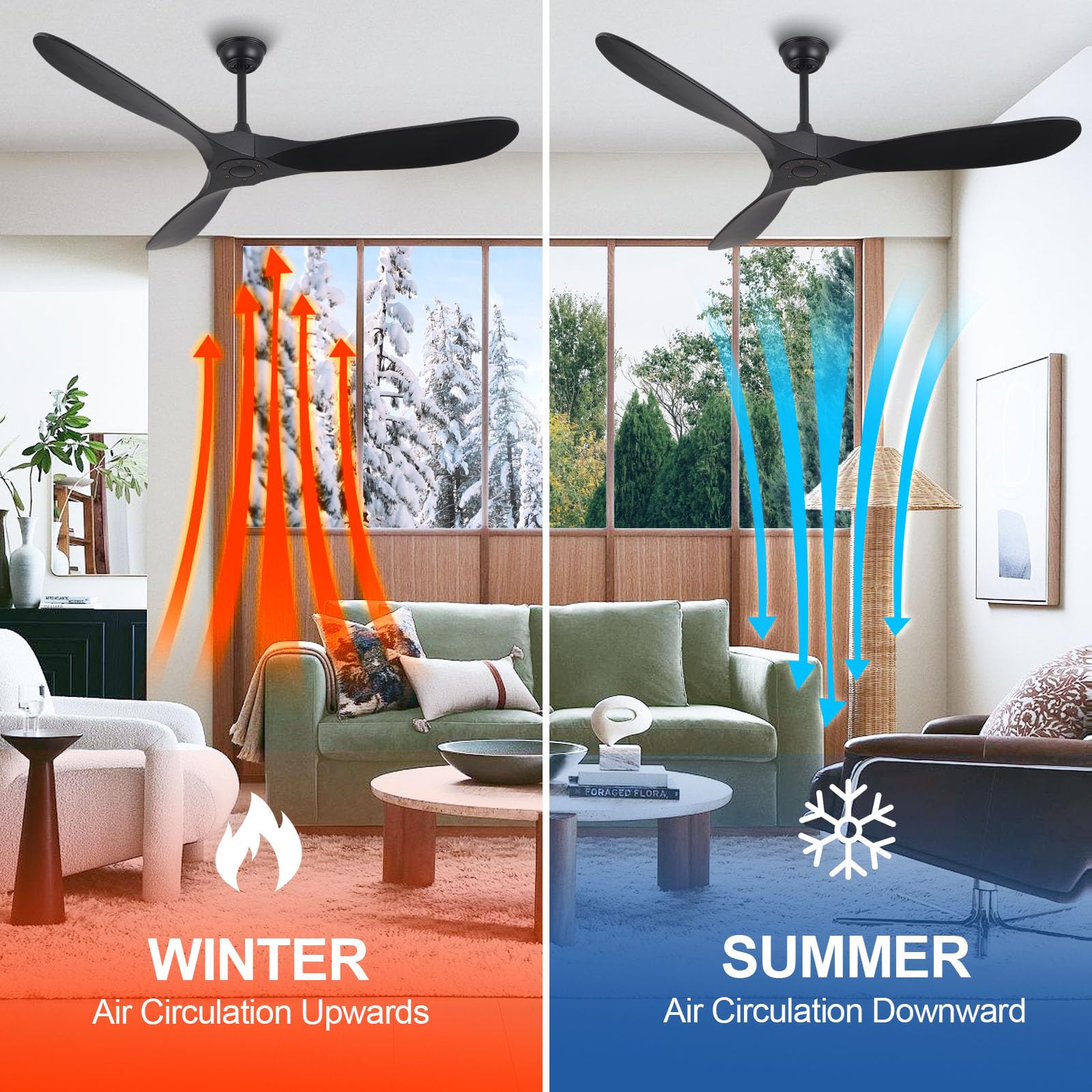 ABZ Ceiling Fans without Lights - 52 Inch Modern Ceiling Fans no Lights with Remote Control, Black 3 Blade Solid Wood Indoor Outdoor Ceiling Fans for Patios Living Room Bedroom