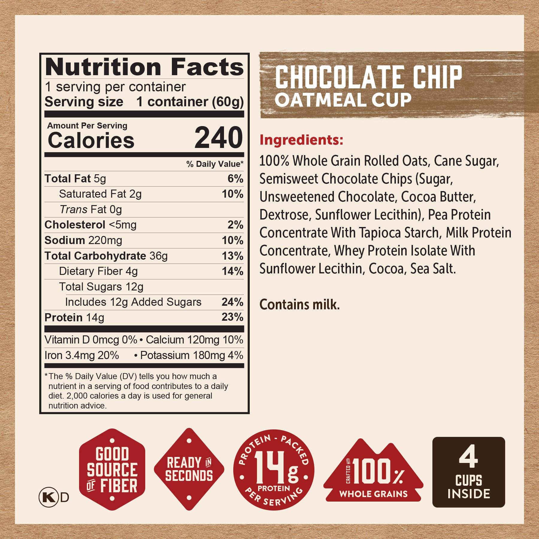 Kodiak Cakes Instant Protein Apple Cinnamon Oatmeal in a Cup, 2.12oz (Pack of 12)