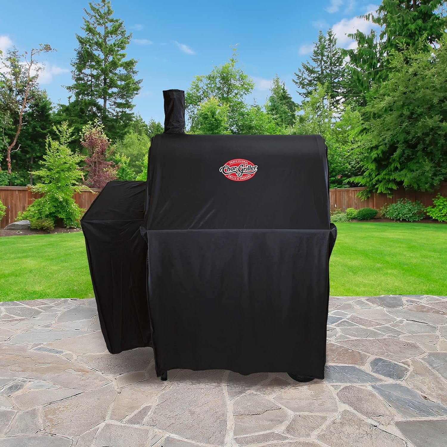 Char-Griller® Durable Polyester Grill and Smoker Cover with Waterproof Material, PVC Lining, and Extendable Design in Black, 46"L x 23"W x 48.5"H, Model 5555