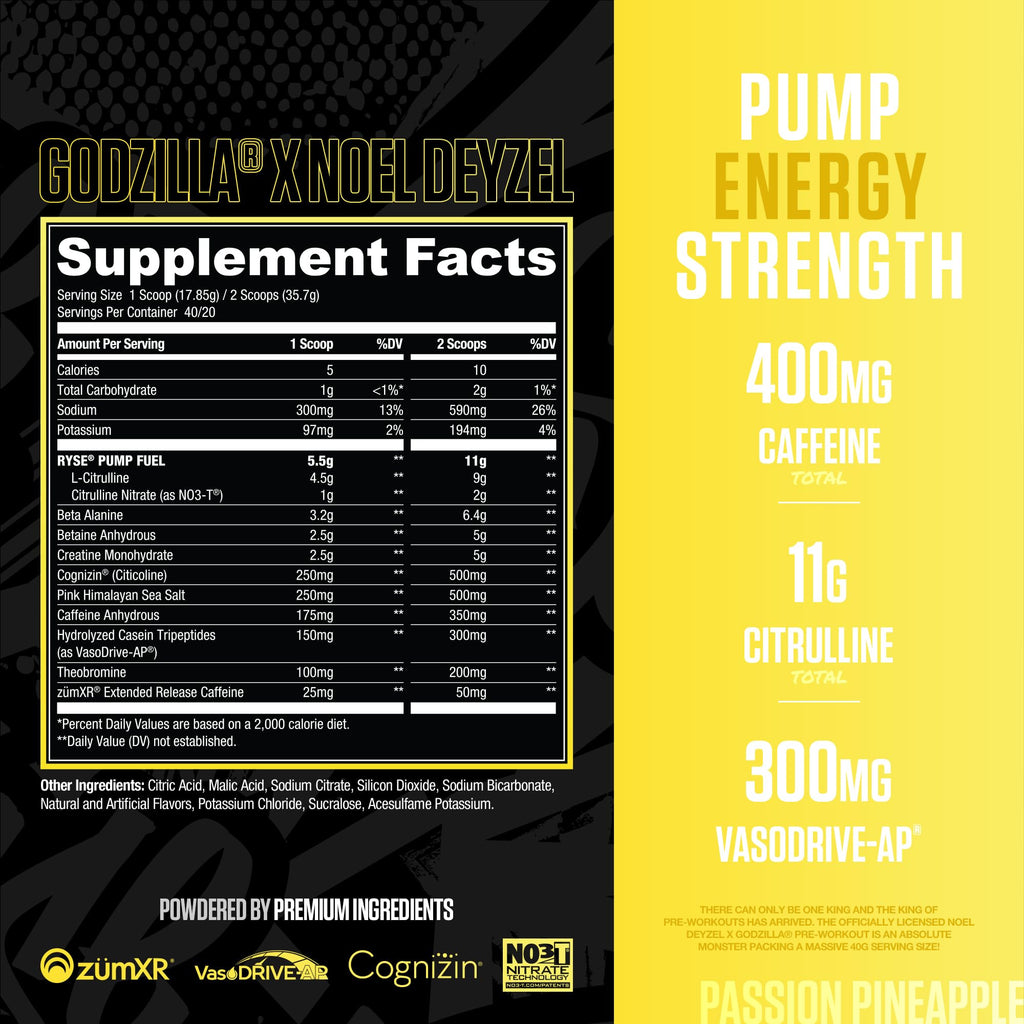 RYSE Godzilla X Noel Deyzel Pre Workout Powder - BlackBerry Lemonade - 400mg Caffeine, High Stim Pre-Workout for Men & Women with Citrulline & Beta Alanine - Energy, Pump & Focus - 20/40 Servings