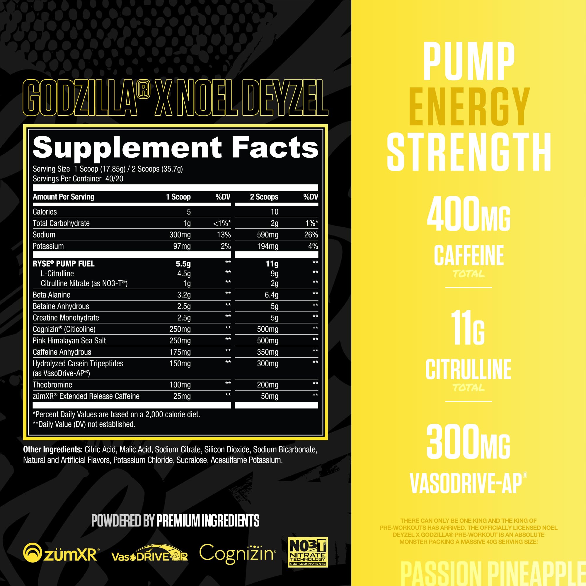 RYSE Godzilla X Noel Deyzel Pre Workout Powder - BlackBerry Lemonade - 400mg Caffeine, High Stim Pre-Workout for Men & Women with Citrulline & Beta Alanine - Energy, Pump & Focus - 20/40 Servings