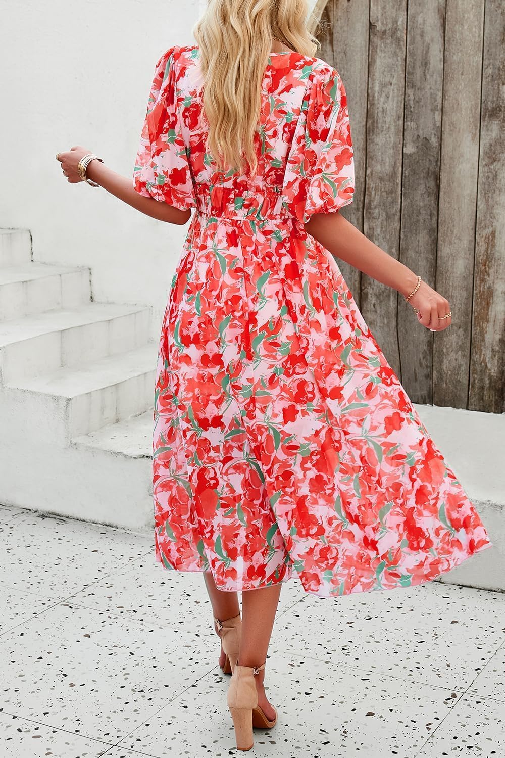 UEAL Womens Floral Flowy Wrap V Neck Midi Dress Short Sleeve Elastic Waist Casual Spring Summer Dresses for Women 2025