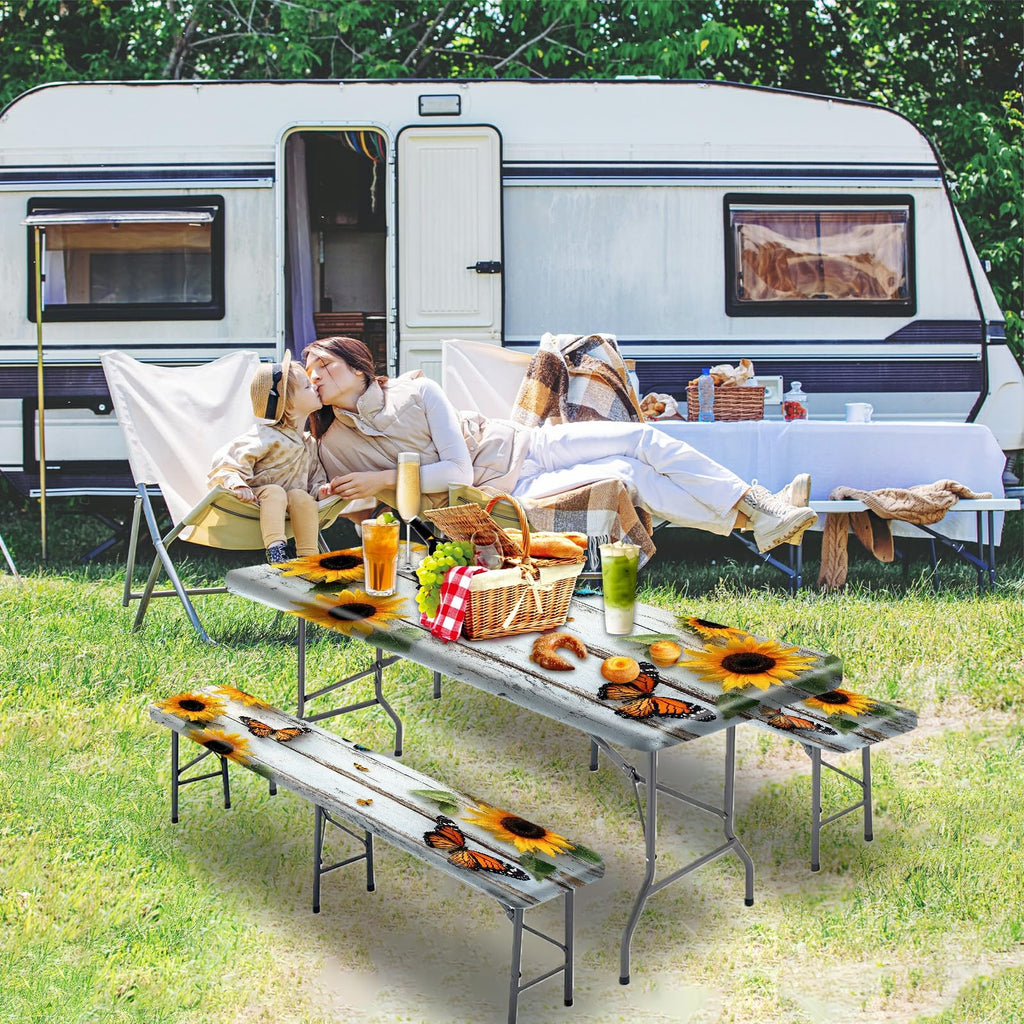 Park Picnic Table Cover with Bench Covers Lightweight Camping Essentials, Oil-Proof Waterproof 3PCS Tablecloth with Elastic, Fitted for Table 6FT Rectangle and Seats, American Flag Eagle (72x30in)