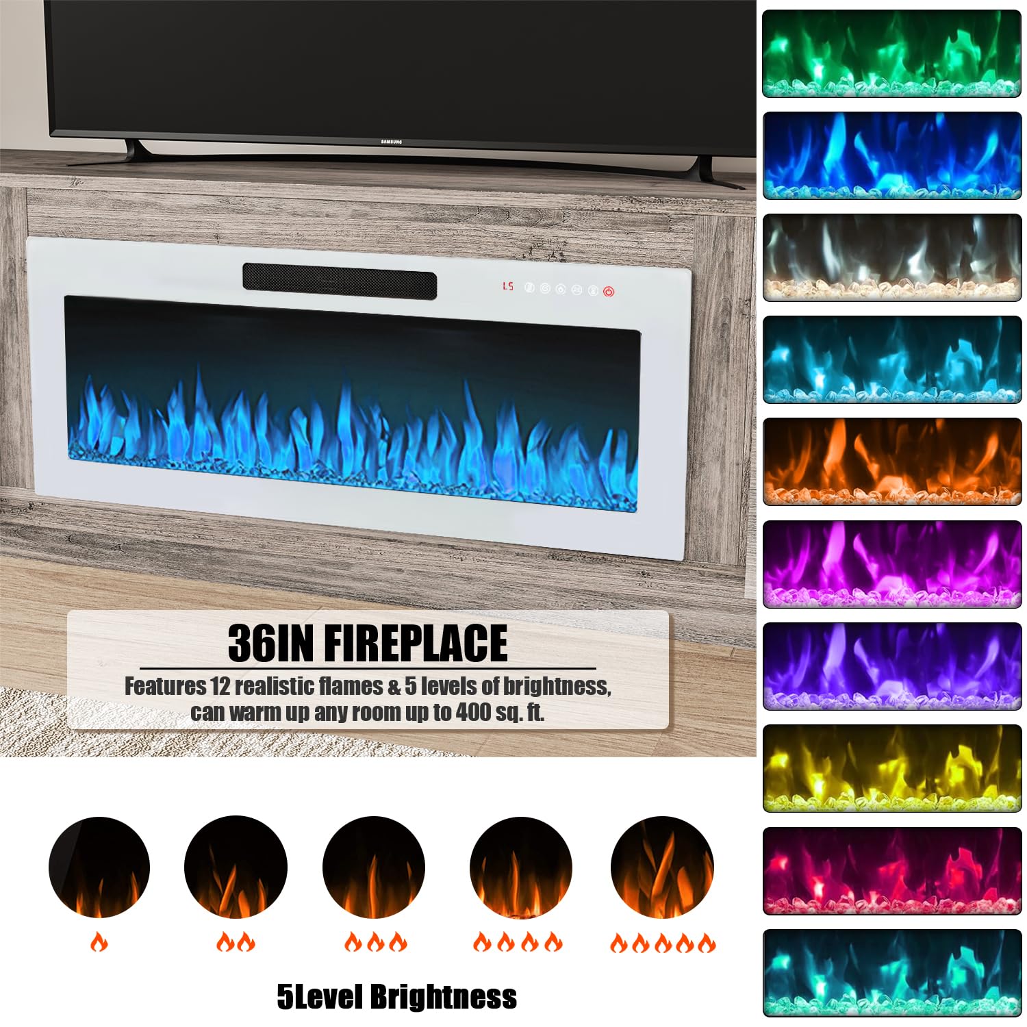 VITESSE 58 Inches Fireplace TV Stand for TVs up to 65 Inches Console with 18'' Electric Fireplace & Remote,Wooden Modern Entertainment Center for Living Room with LED Light Glass Shelves（Bei）