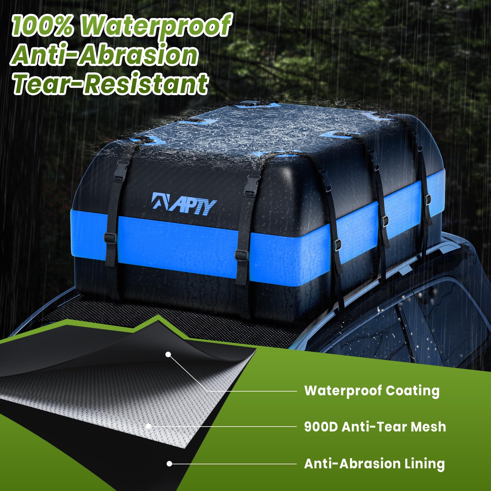 APTY Car Rooftop Cargo Carrier Bag, 16 Cubic Feet Soft Roof Top Luggage Bag for All Vechicles with/Without Racks - with Waterproof Zip, Anti-Slip Mat, Door Hooks, Luggage Lock, Storage Bag