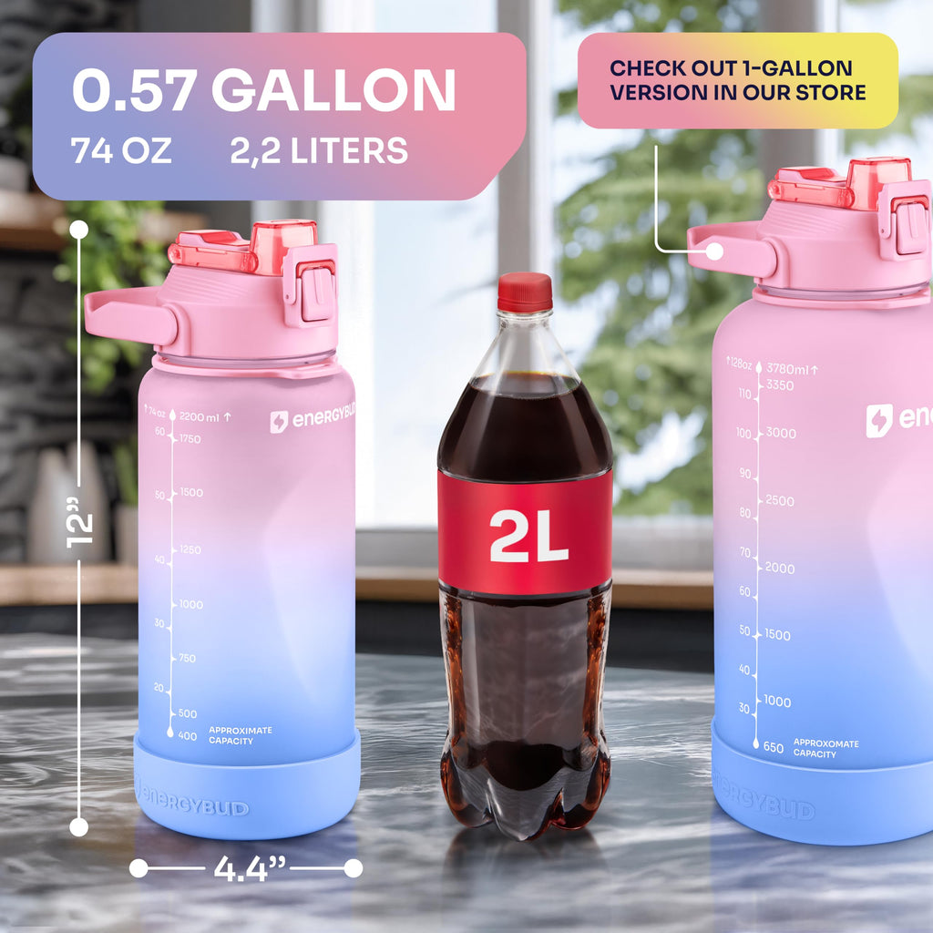 1/2 Gallon Water Bottle with 74.3 oz Capacity - Motivational Time Markers for Daily Hydration Goals - Leakproof BPA Free Tritan with Removable Straw