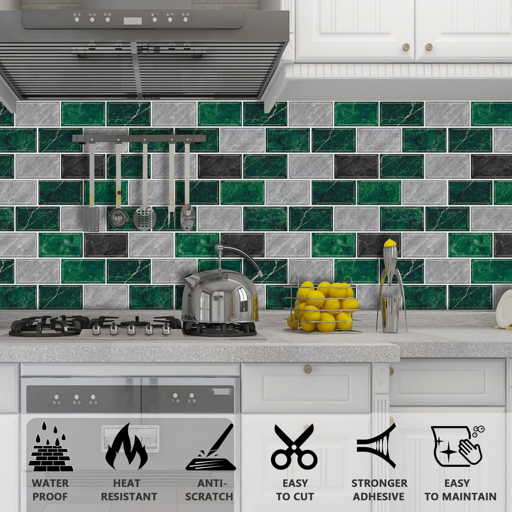 URCOLOR 10-Sheet Back Splashes for Kitchens Peel and Stick,12"x12" Self Adhesive Subway Wall Tiles Stick on backsplash Tiles for Bathroom Black Marble