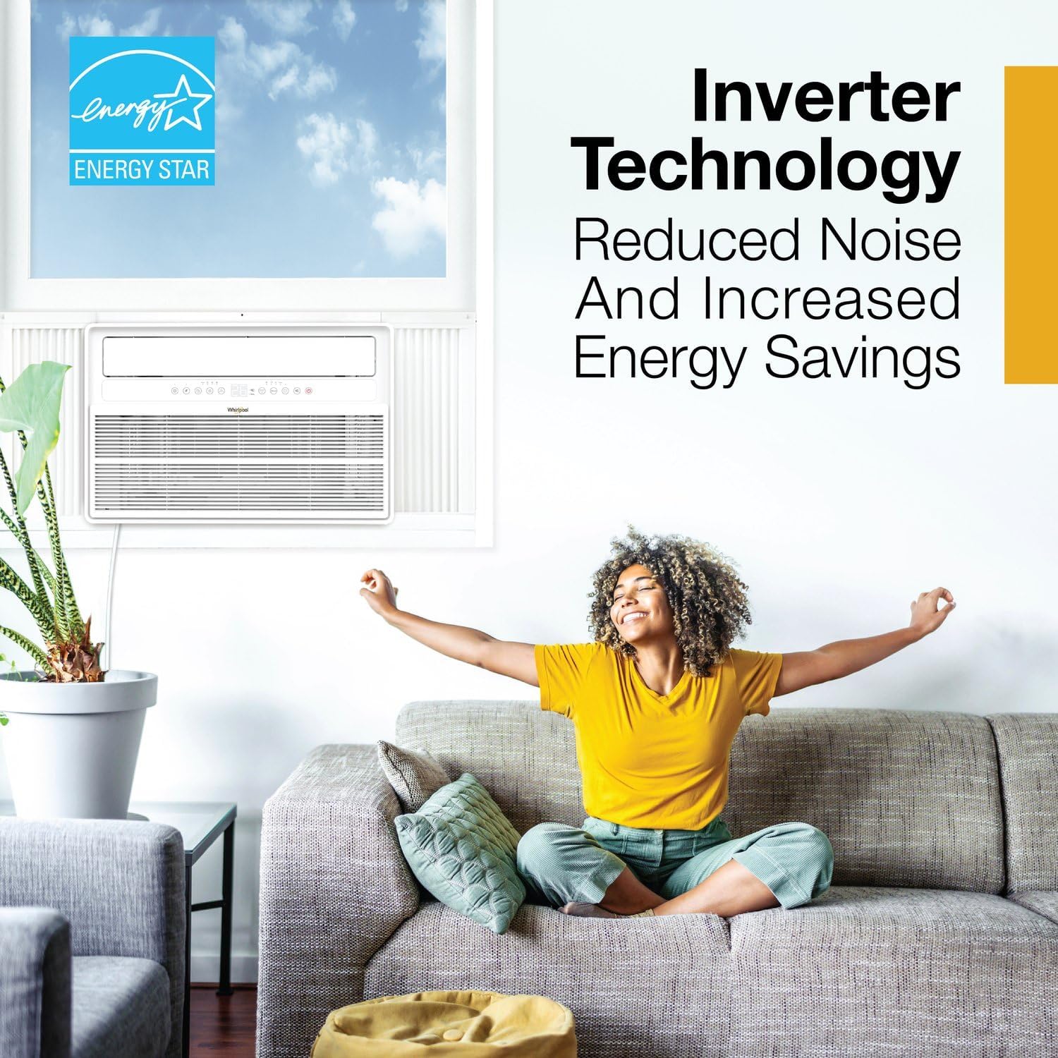 Whirlpool 18,000 BTU Window Mounted Inverter Air Conditioner with Quiet, High Efficiency Operation and Remote, Window AC Unit for Apartment, Living Room, Bedroom, Large Rooms up to 1000 Square Feet