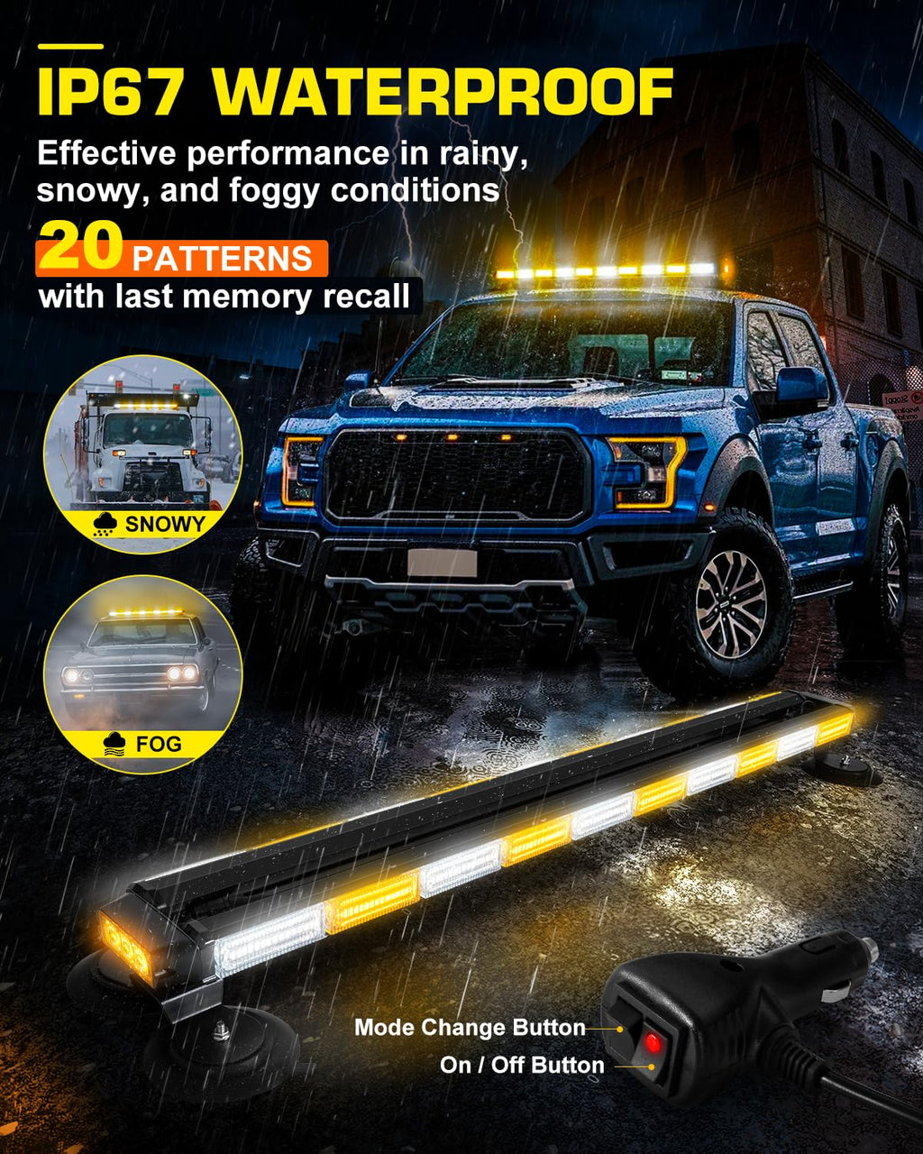 42" Roof Top Strobe Light Bar Amber White Emergency Traffic Advisor Lights, Double Side Warning Safety Flashing w/Magnetic Mount for Construction Vehicles Plow Trucks Pickup, Amber/White