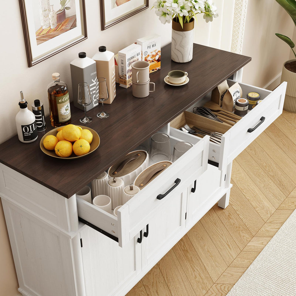 ONBRILL 48 Inches Buffet Cabinet with Storage, Farmhouse Sideboard Buffet w/2 Drawers and 3 Doors, Wood Coffee Bar Cabinet with Adjustable Shelves, Sideboard Storage for Kitchen, Living Room, Black