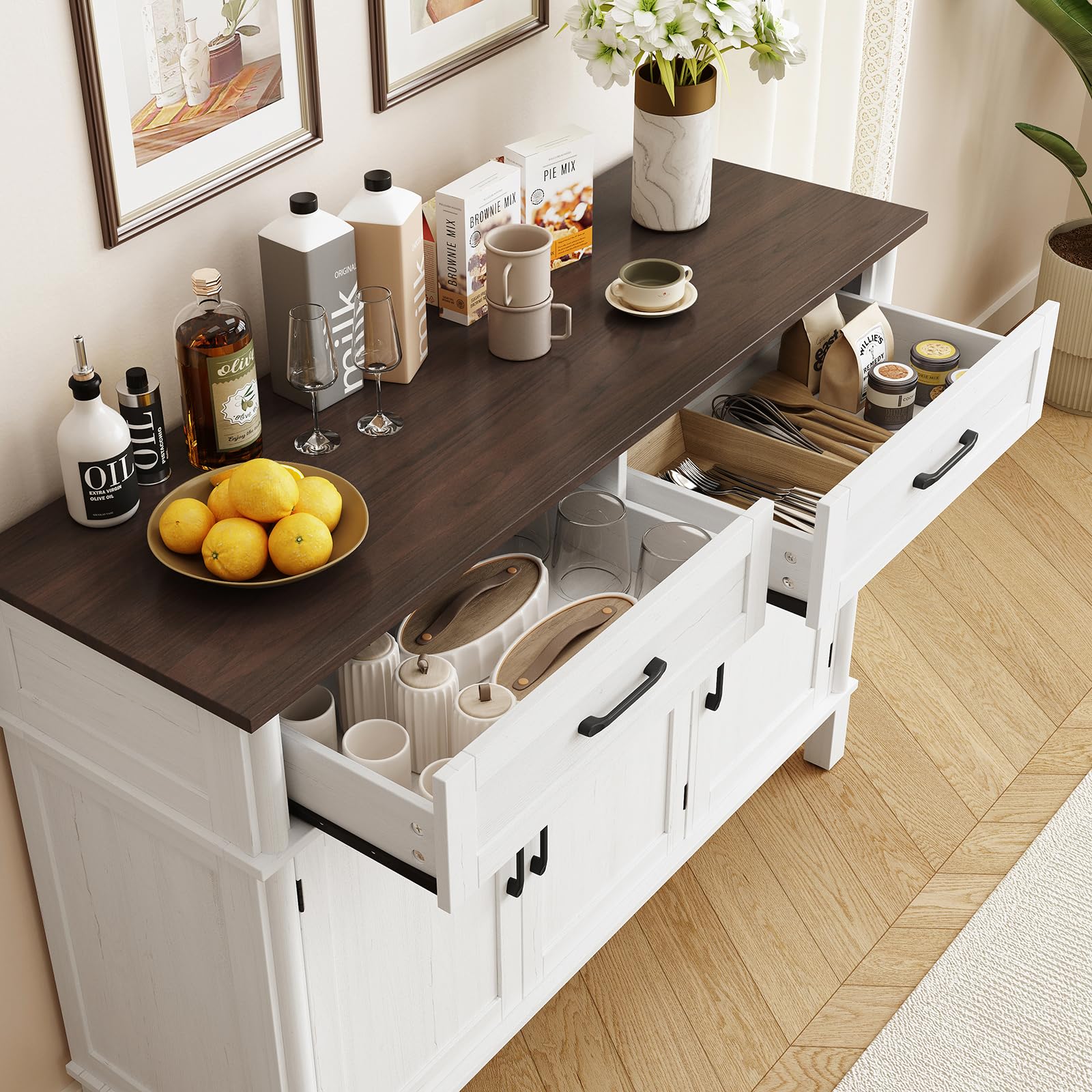 ONBRILL 48 Inches Buffet Cabinet with Storage, Farmhouse Sideboard Buffet w/2 Drawers and 3 Doors, Wood Coffee Bar Cabinet with Adjustable Shelves, Sideboard Storage for Kitchen, Living Room, Black
