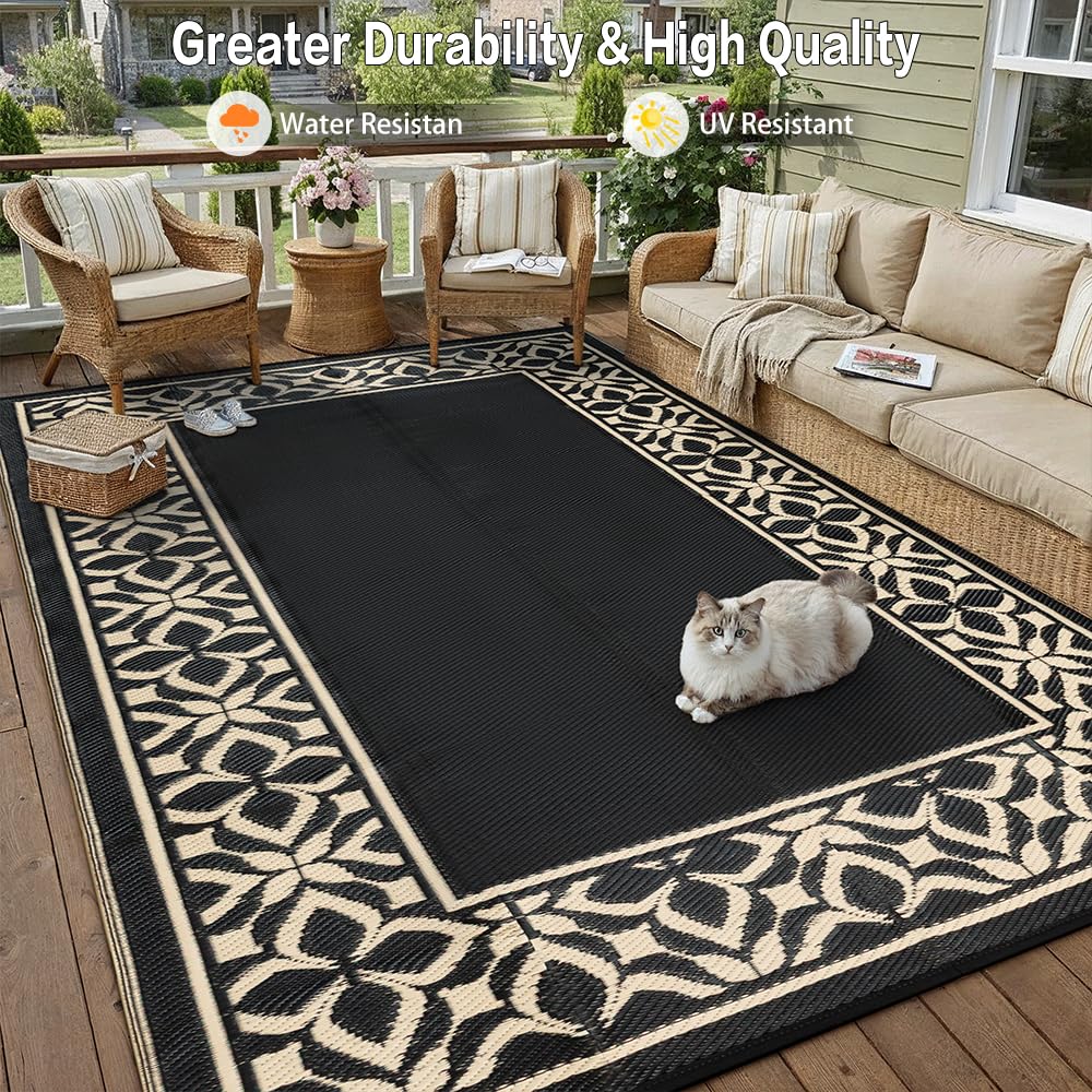 PureCozy Outdoor Plastic Straw Rug Black Beige Large Outside Waterproof Outdoor Patio 5x8 Carpet Geometric Reversible Mat Modern for Camping RV Porch Deck Balcony Beach