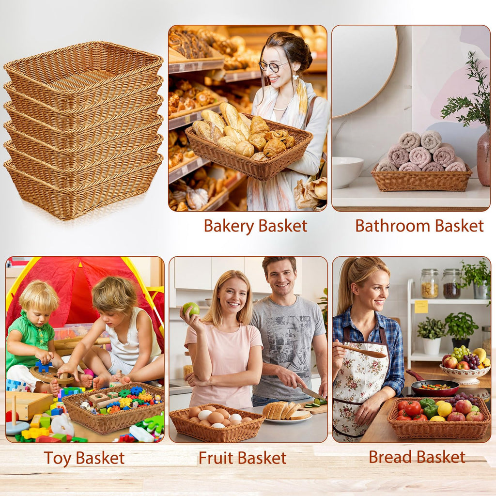Eccliy 6 Pack Wicker Bread Baskets 15.8 Inch Woven Serving Basket for Gifts, Poly Wicker Storage Rectangle Rattan Display Trays for Bread Food Vegetables Fruit Snacks Tabletop Restaurant Home