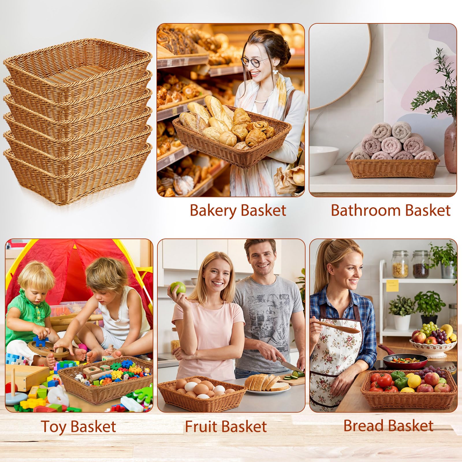 Eccliy 6 Pack Wicker Bread Baskets 15.8 Inch Woven Serving Basket for Gifts, Poly Wicker Storage Rectangle Rattan Display Trays for Bread Food Vegetables Fruit Snacks Tabletop Restaurant Home